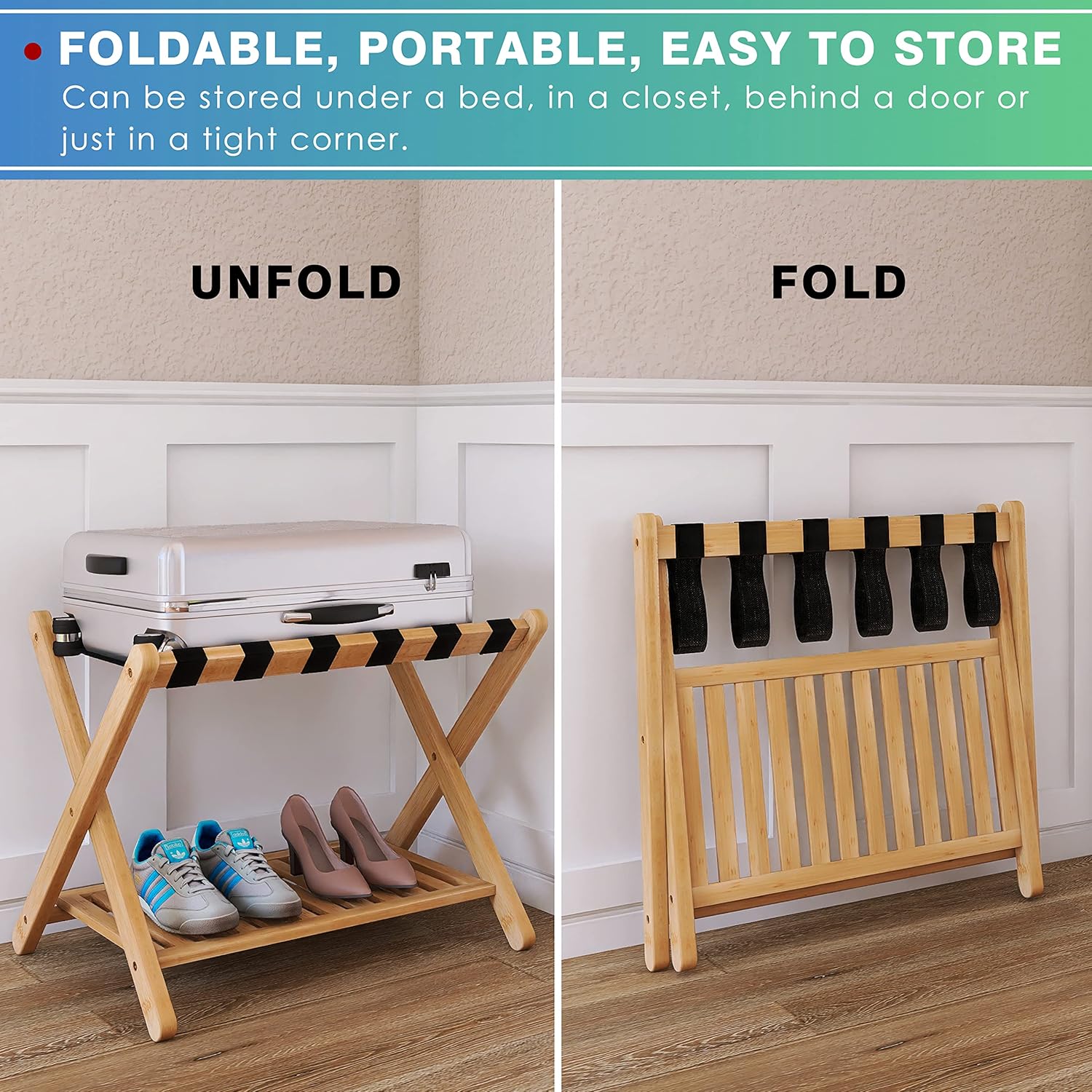SMIBUY Portaequipajes, soporte plegable de bambú para maleta con estante de almacenamiento para habitación de invitados, dormitorio, hotel,