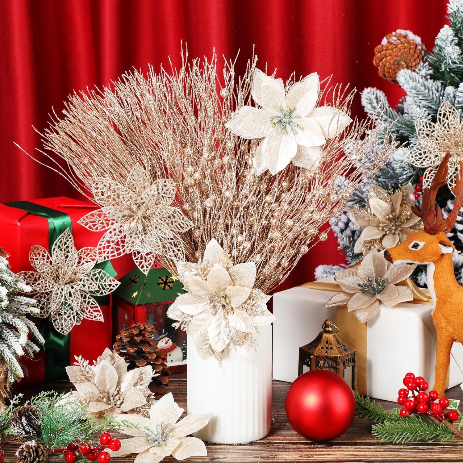 45 flores de Pascua con purpurina de 5.3 pulgadas, púas de bayas artificiales de 17 pulgadas, adorno para árbol de Navidad, flores artificiales de