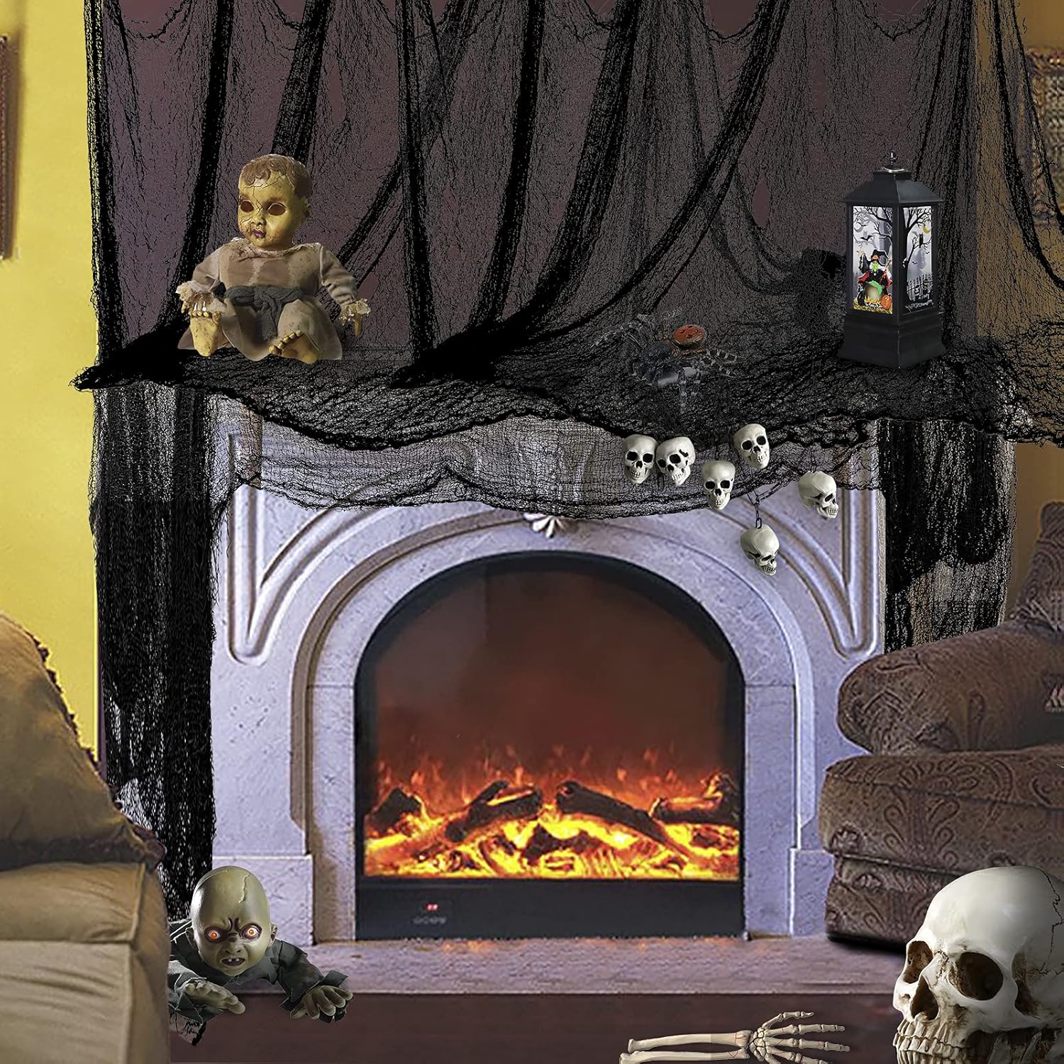 FestiCorp Juego de tela espeluznante negra 3 en 1 de Halloween, 6 piezas de 30 x 72 pulgadas, paños de queso con arañas y murciélagos, red de