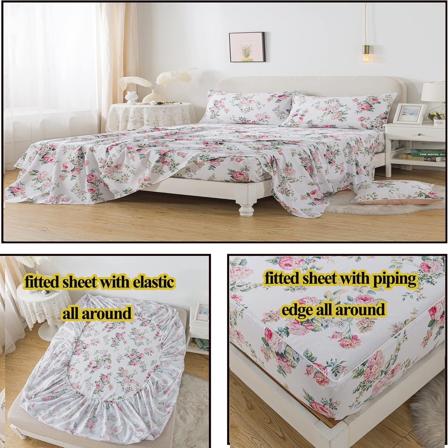 FADFAY Sheets Set Cal King Pink Rose Floral Bedding Shabby Peony Flower Bed Sheet Set Vintage Farmhouse Bedding 100% Cotton Breathable Bedding with