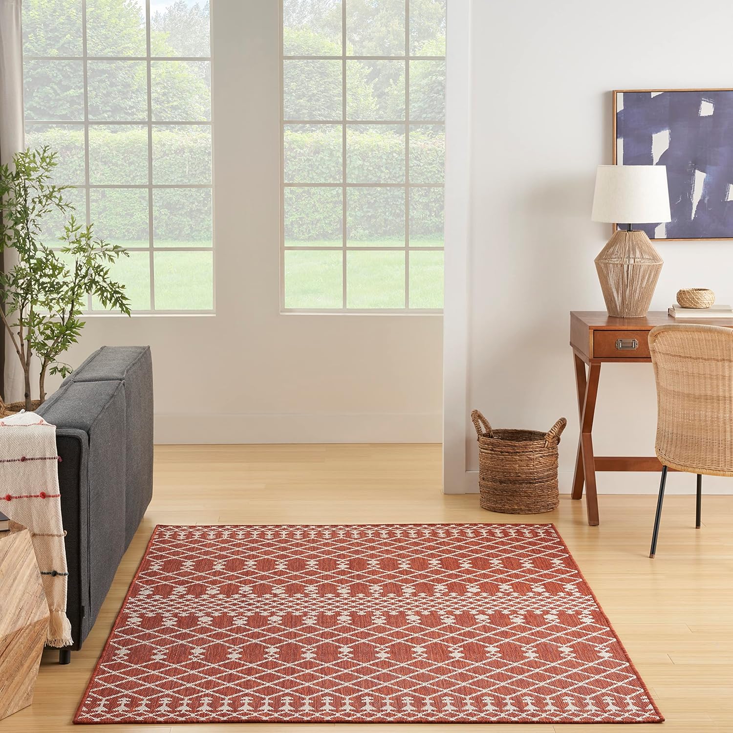 Nourison Positano – Alfombra de 5 x 7 pies, color terracota para interiores y exteriores, fácil de limpiar, no se desprende, para dormitorio, sala