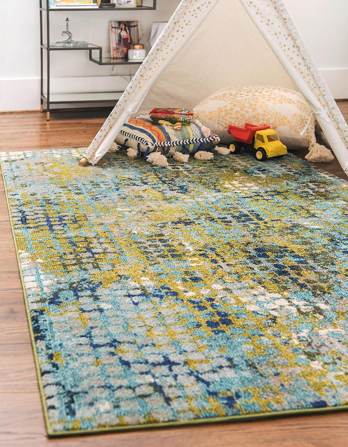 Tapete Unique Loom colección Jardin para múltiples áreas, abstracta, vibrante, Polipropileno, Azul-verde