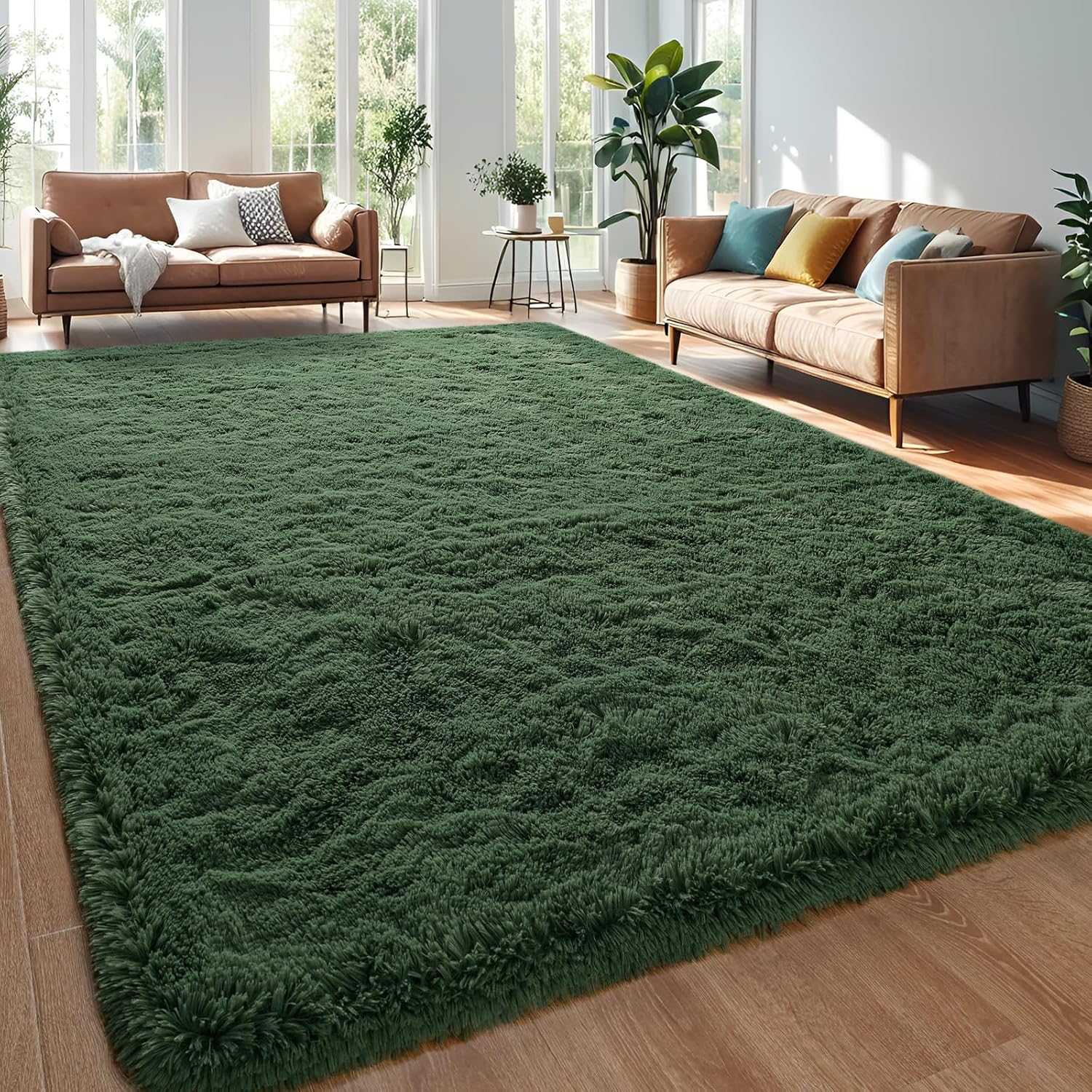 Alfombras de área de color verde oscuro, alfombra mullida para dormitorio, sala de estar, alfombras peludas de interior de 5 x 8 pies, alfombra