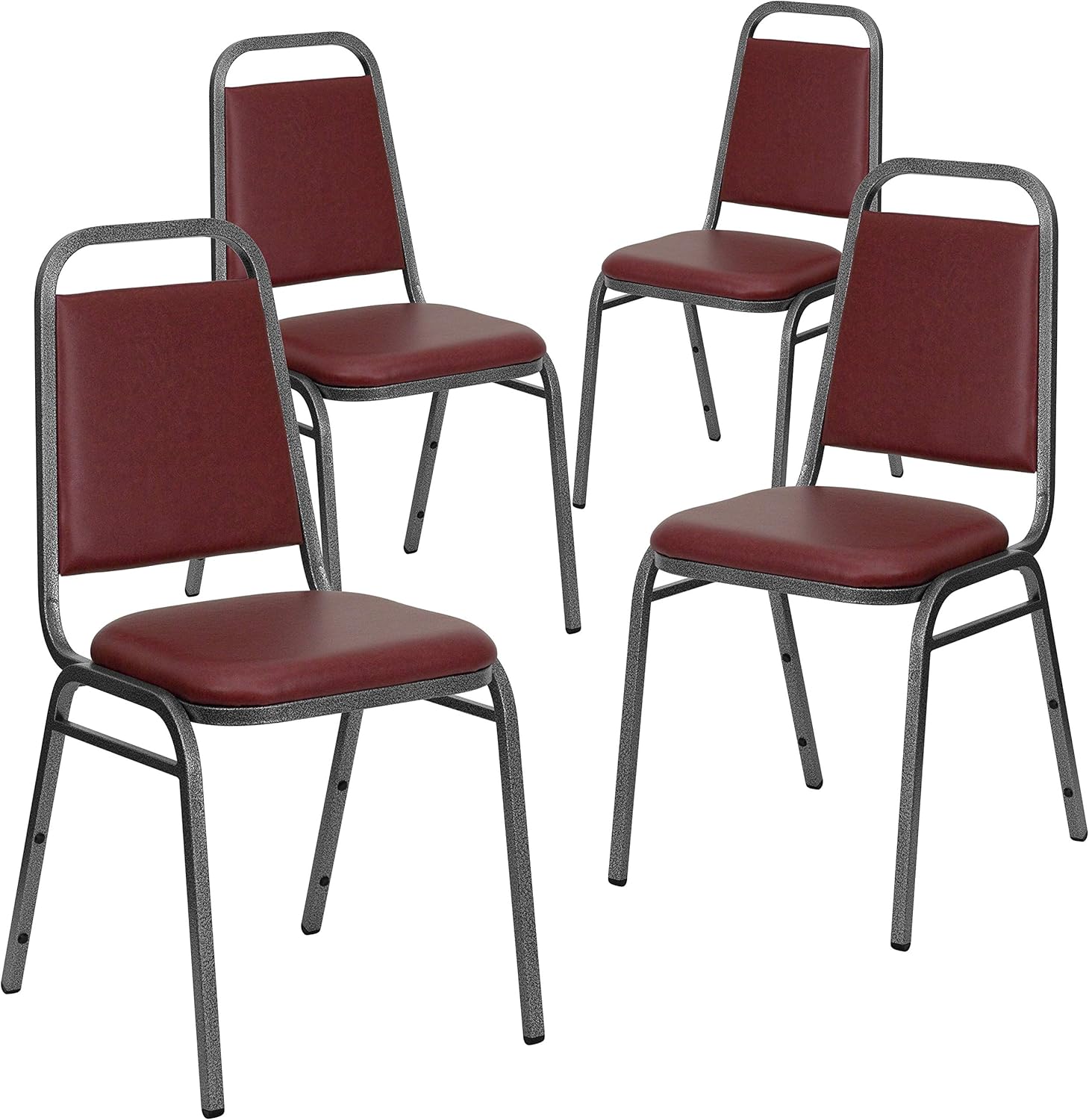 BizChair Paquete de 4 sillas de banquete apilables con respaldo trapezoidal en vinilo burdeos, asiento de 1.5 pulgadas de grosor