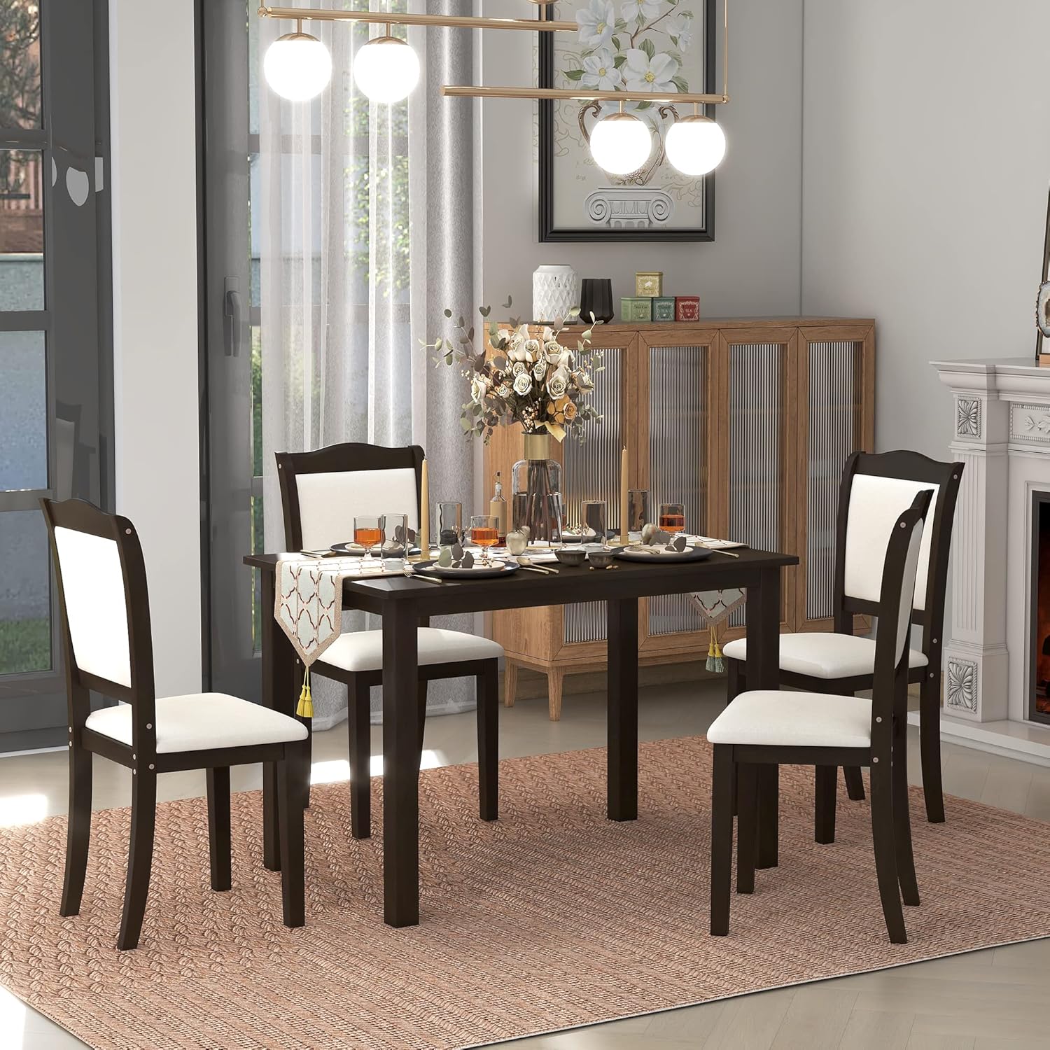 FIQHOME Juego de comedor de madera de 5 piezas, mesa rectangular de estilo simple americano con sillas tapizadas para espacio, color espresso