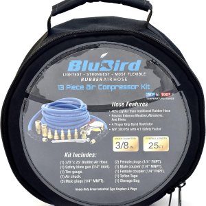 BLUBIRD BB3825KIT Kit de accesorios para compresor de aire de 38″ x 25′, 100% goma, más ligero, más fuerte, más flexible, 300 PSI, 50F a 190F BLUBIRD BB3825KIT Kit de accesorios para compresor de aire de 38″ x 25′, 100% goma, más ligero, más fuerte, más flexible, 300 PSI, 50F a 190F