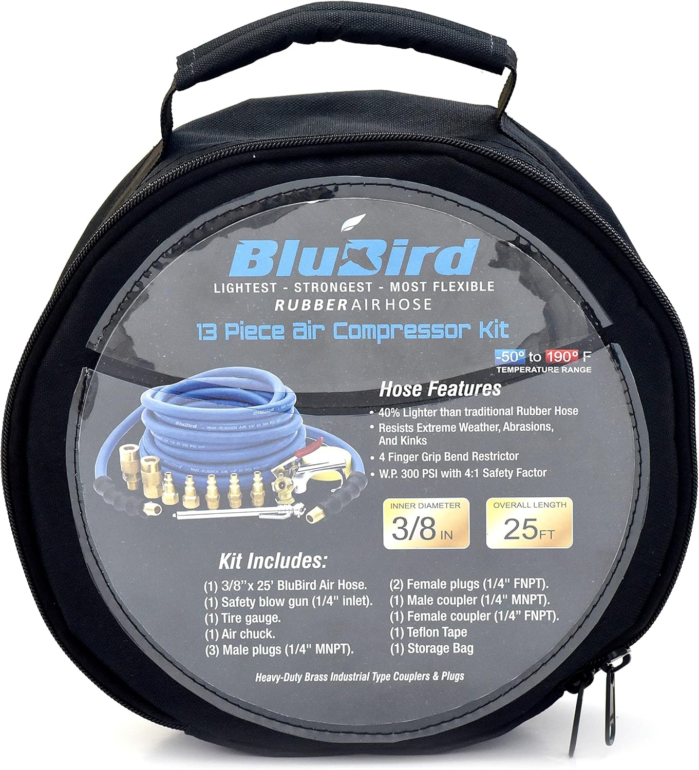 BLUBIRD BB3825KIT Kit de accesorios para compresor de aire de 38″ x 25′, 100% goma, más ligero, más fuerte, más flexible, 300 PSI, 50F a 190F