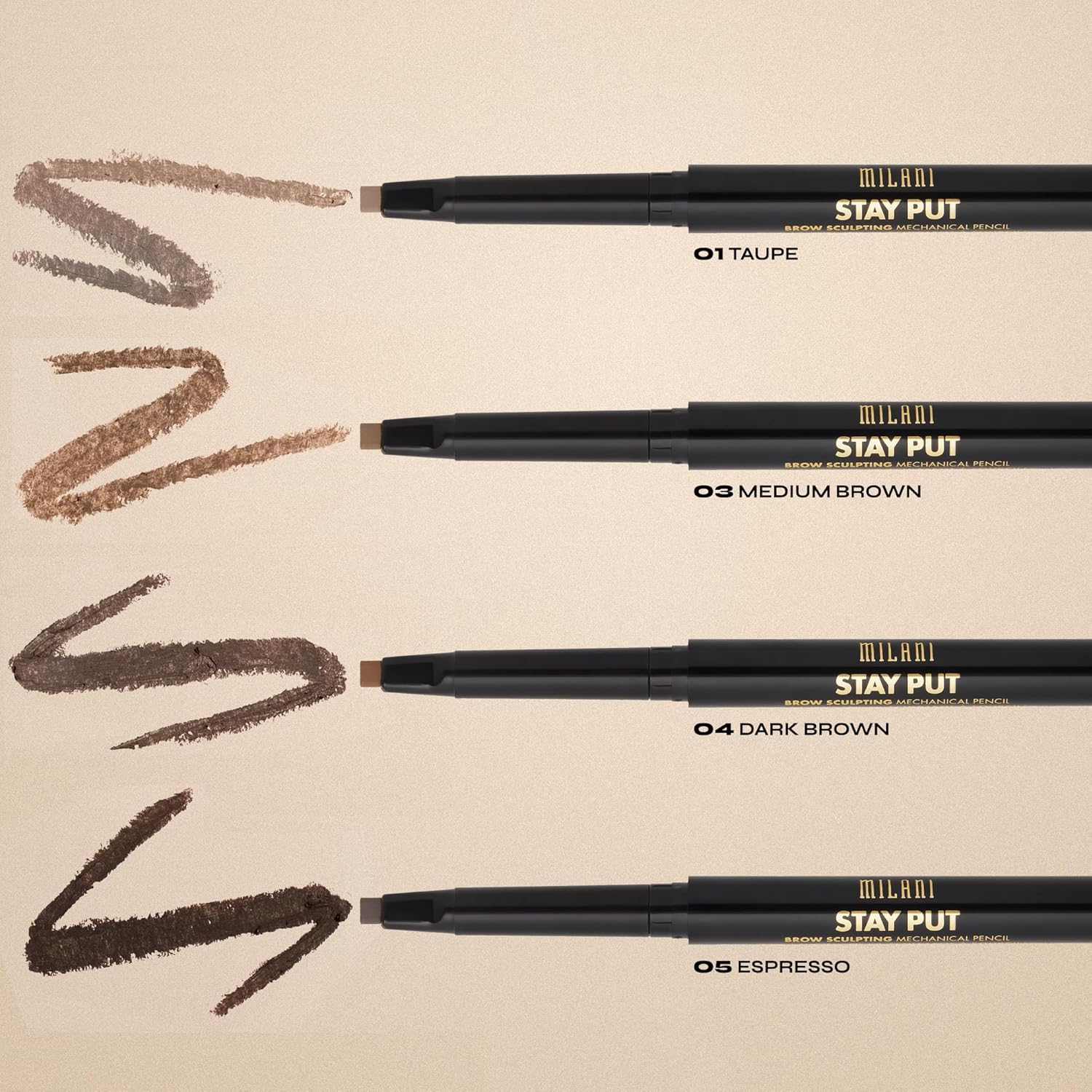 Milani Stay Put – Lápiz mecánico para esculpir cejas, marrón oscuro (0.01 onzas), libre de crueldad animal, de larga duración, que define y da forma