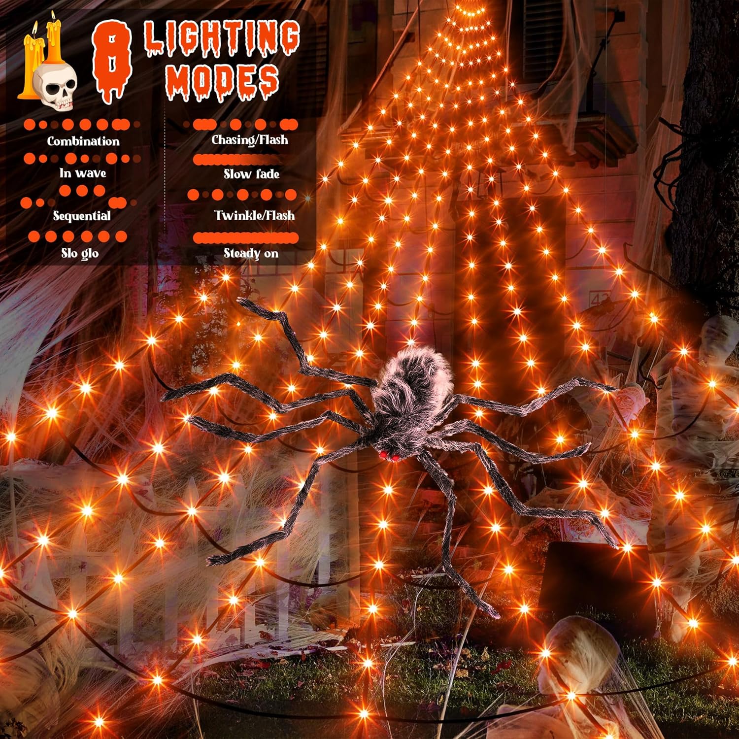 Red de araña solar para decoración de Halloween, 16.4 x 15.7 pies, enorme telaraña triangular alimentada por energía solar, 192 LED, 8 modos,