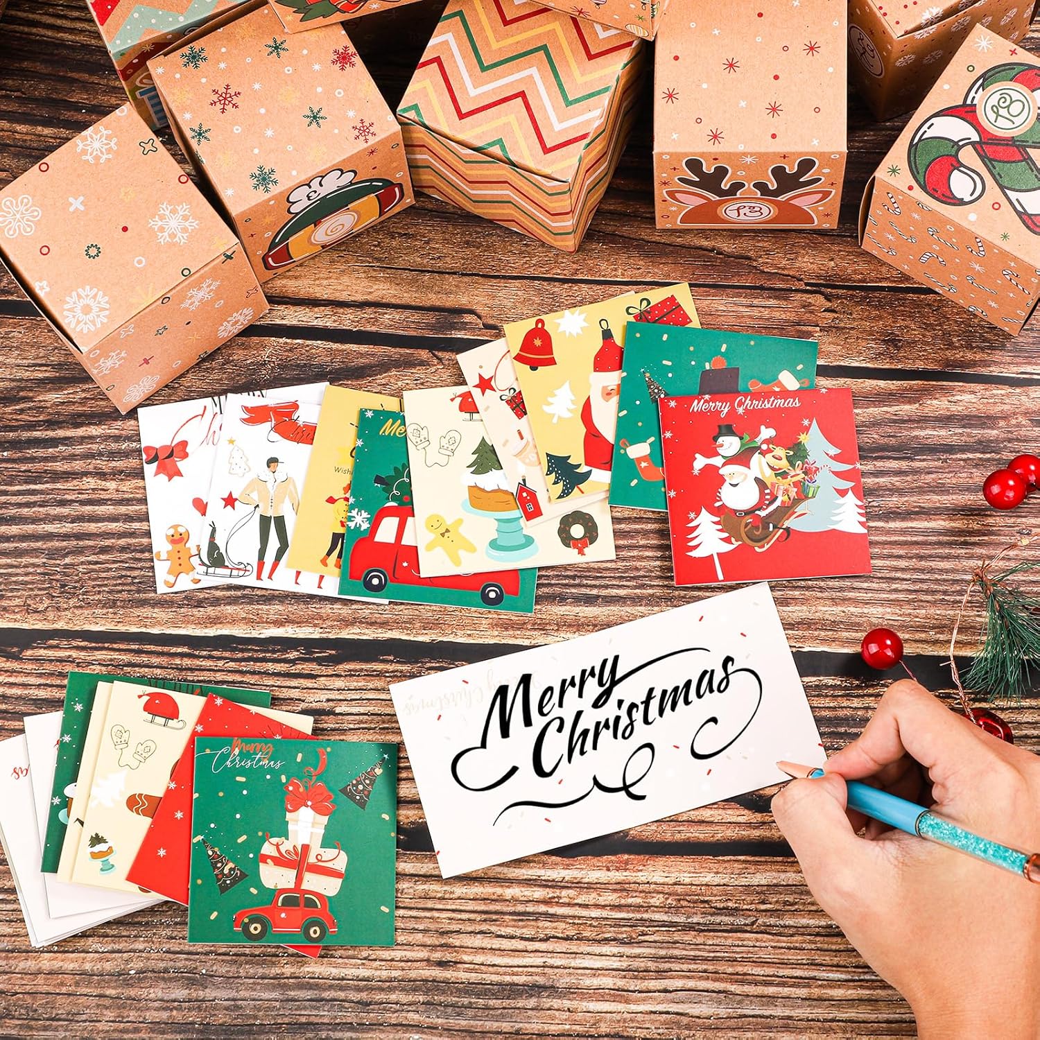 24 mini tarjetas de felicitación de Navidad, 3 x 3 pulgadas, tarjetas de felicitación de Feliz Navidad, tarjetas de Navidad surtidas, paquete de