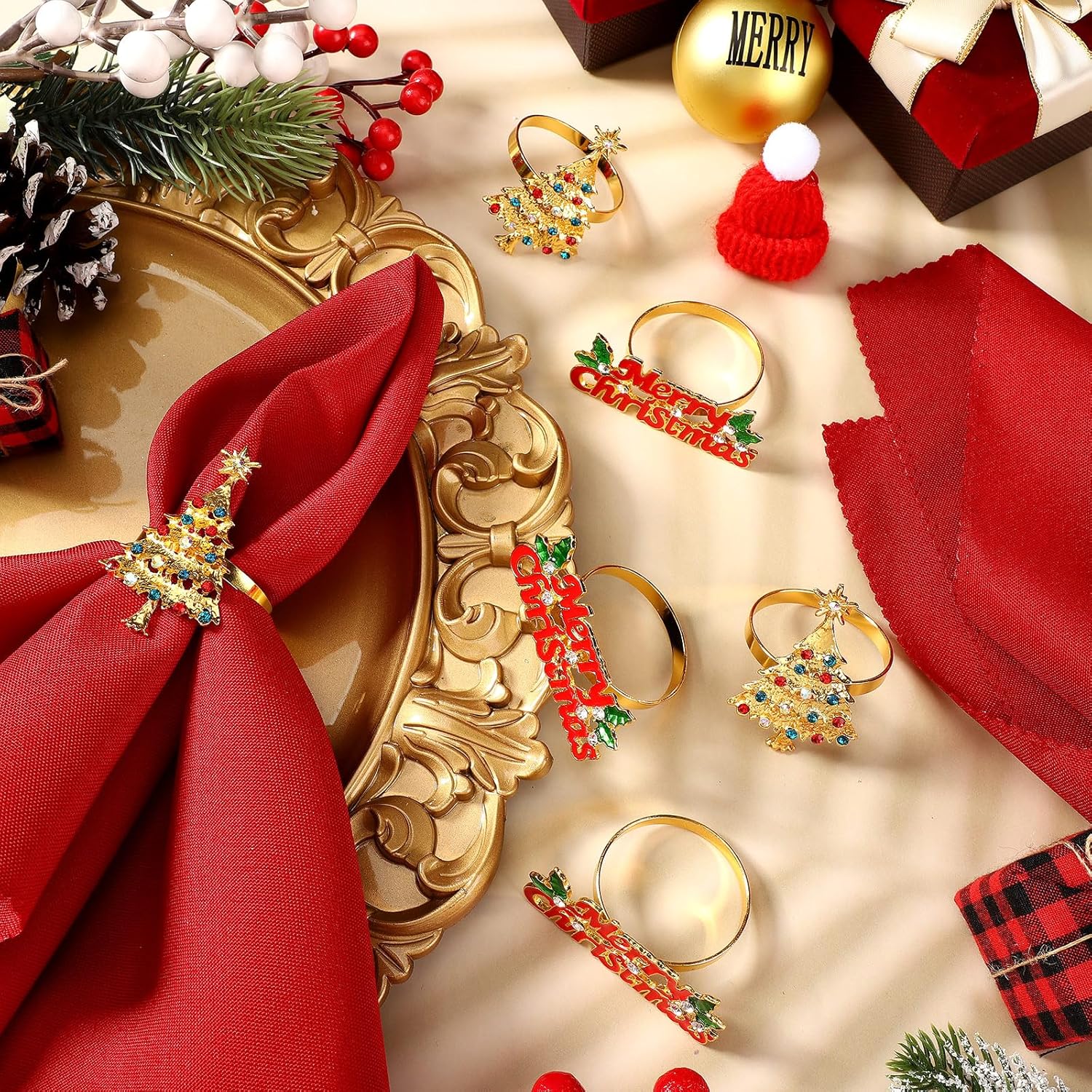 Sliner Juego de 24 servilletas y anillos de Navidad, 12 servilletas de Navidad lavables de color rojo y 12 servilleteros de Navidad para cenas