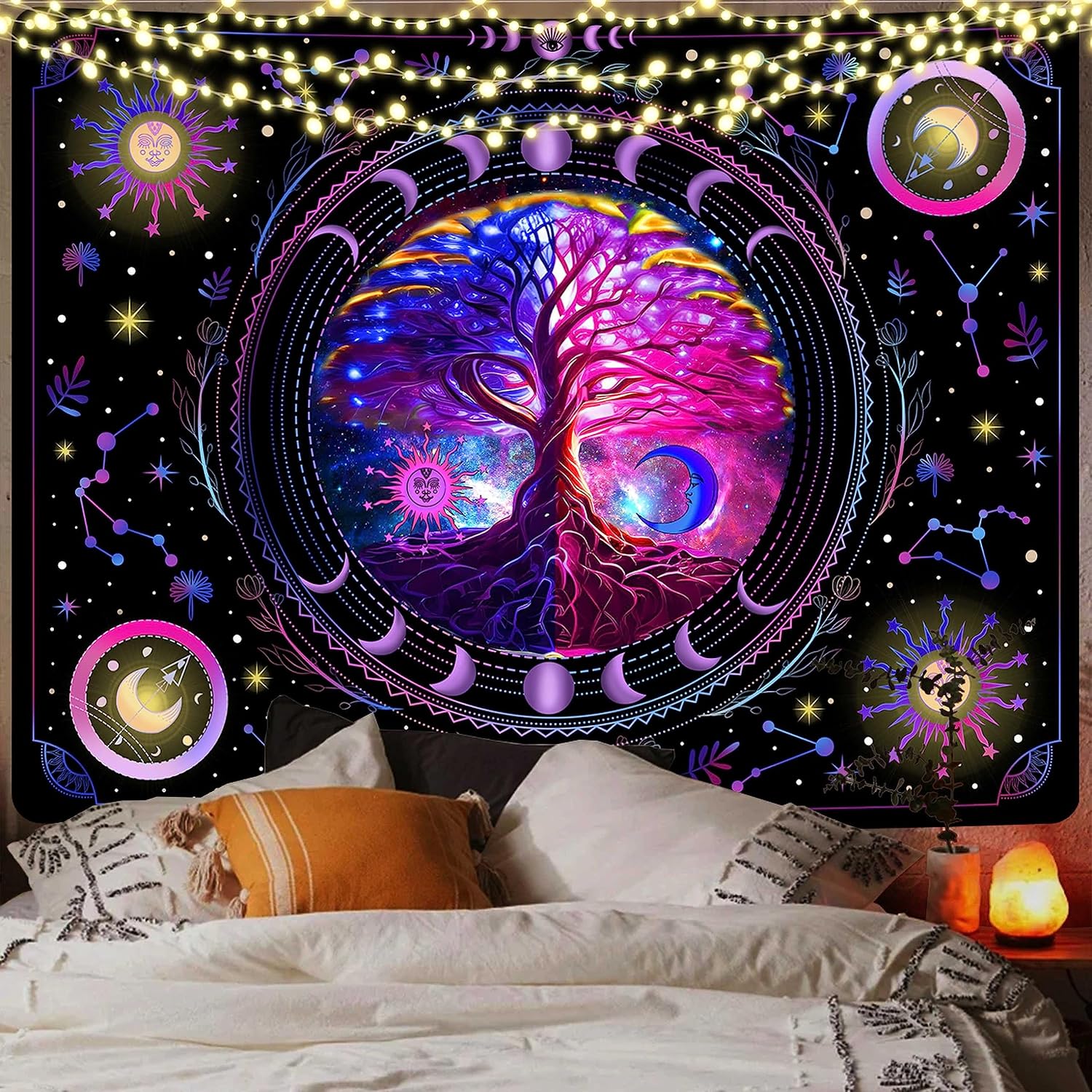 MAMHSABC Tapiz de árbol de la vida, tapiz hippy de sol y luna, tapiz de flores y vides, tapiz hippie para colgar en la pared, dormitorio, decoración
