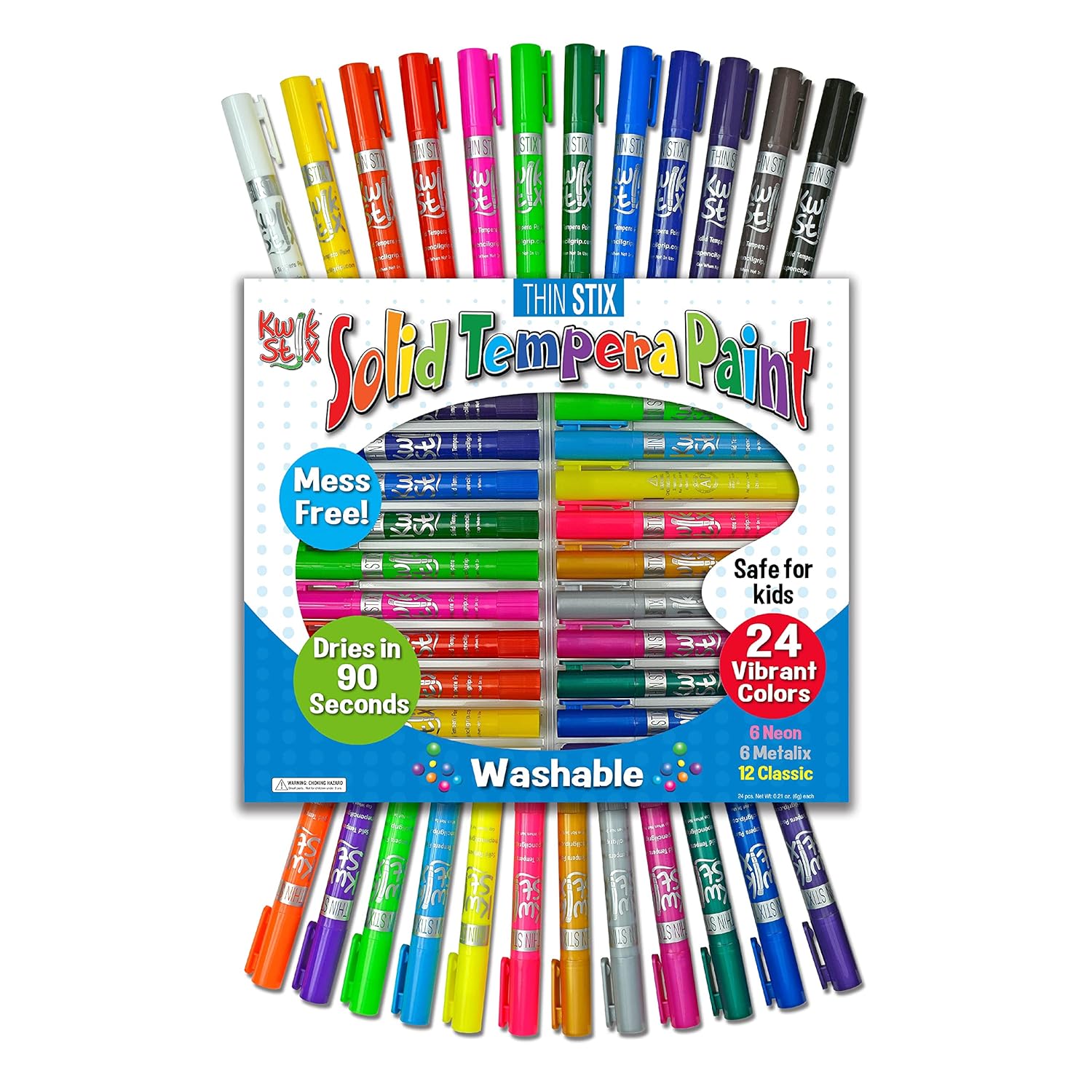 The Pencil Grip Kwik Stix – Pinturas de témpera sólidas, bolígrafos de pintura Stix finos, secado súper rápido, 6 neón, 6 metales y 12 colores