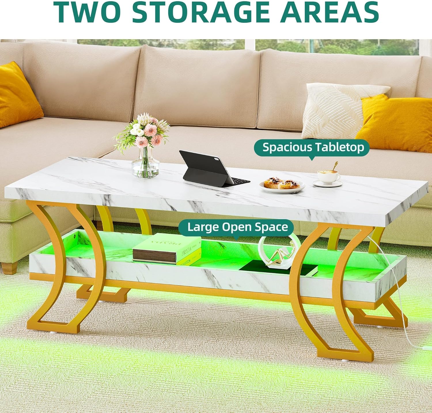 YITAHOME Mesa de centro modernas para sala de estar, mesa de centro de mármol blanco, mesa de centro LED con almacenamiento, mesa central de madera
