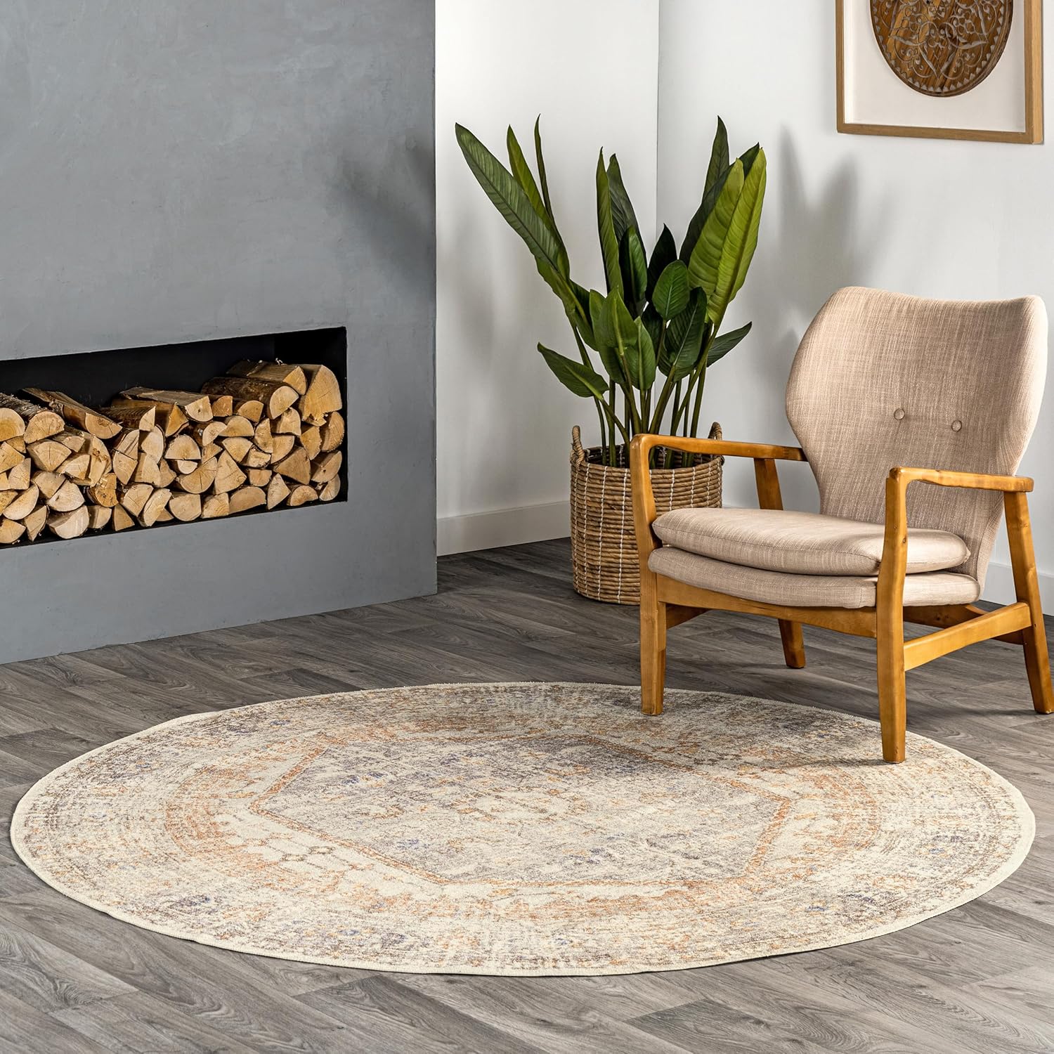 nuLOOM Rain Haven – Alfombra vintage lavable a máquina, 8 redondas, lavables a máquina, alfombra de transición gris claro  marfil para sala de