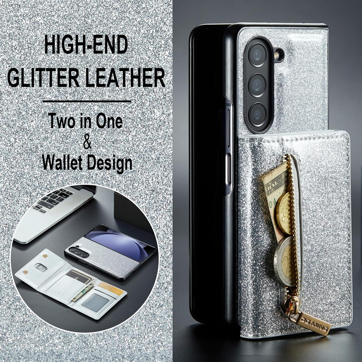 Asuwish Funda de teléfono para Samsung Galaxy Z Fold 5 5G Funda tipo cartera y ranura para tarjeta de crédito, soporte con purpurina de cuero