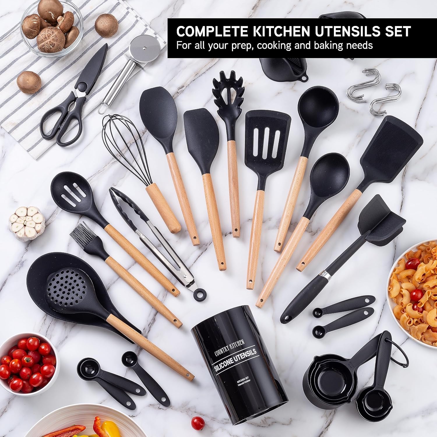 Country Kitchen Juego de utensilios de cocina  Juego de 38 espátulas de silicona antiadherentes con soporte, asas de madera y utensilios resistentes