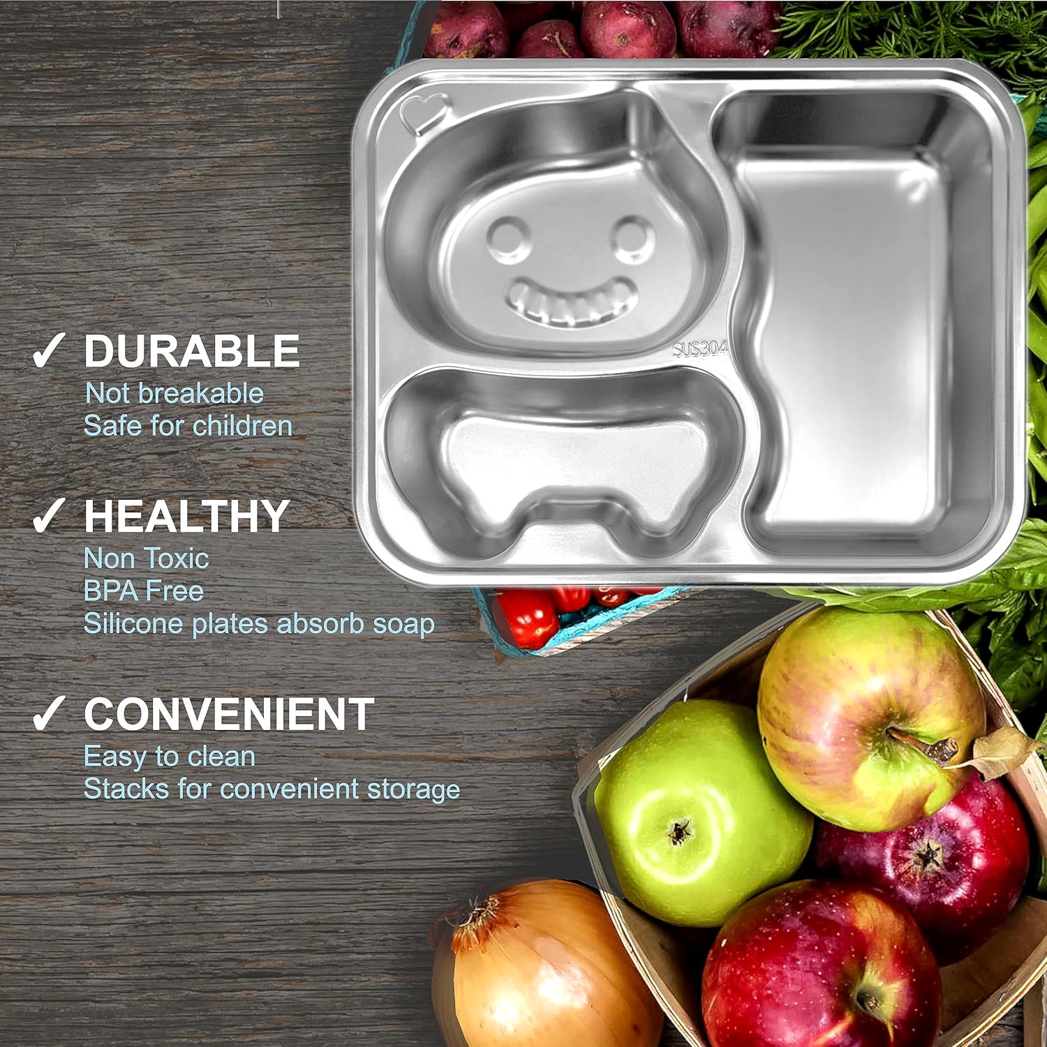 Song & Co Platos de acero inoxidable para niños, diseño de cara sonriente, perfectos para niños pequeños y niños, juego de 2