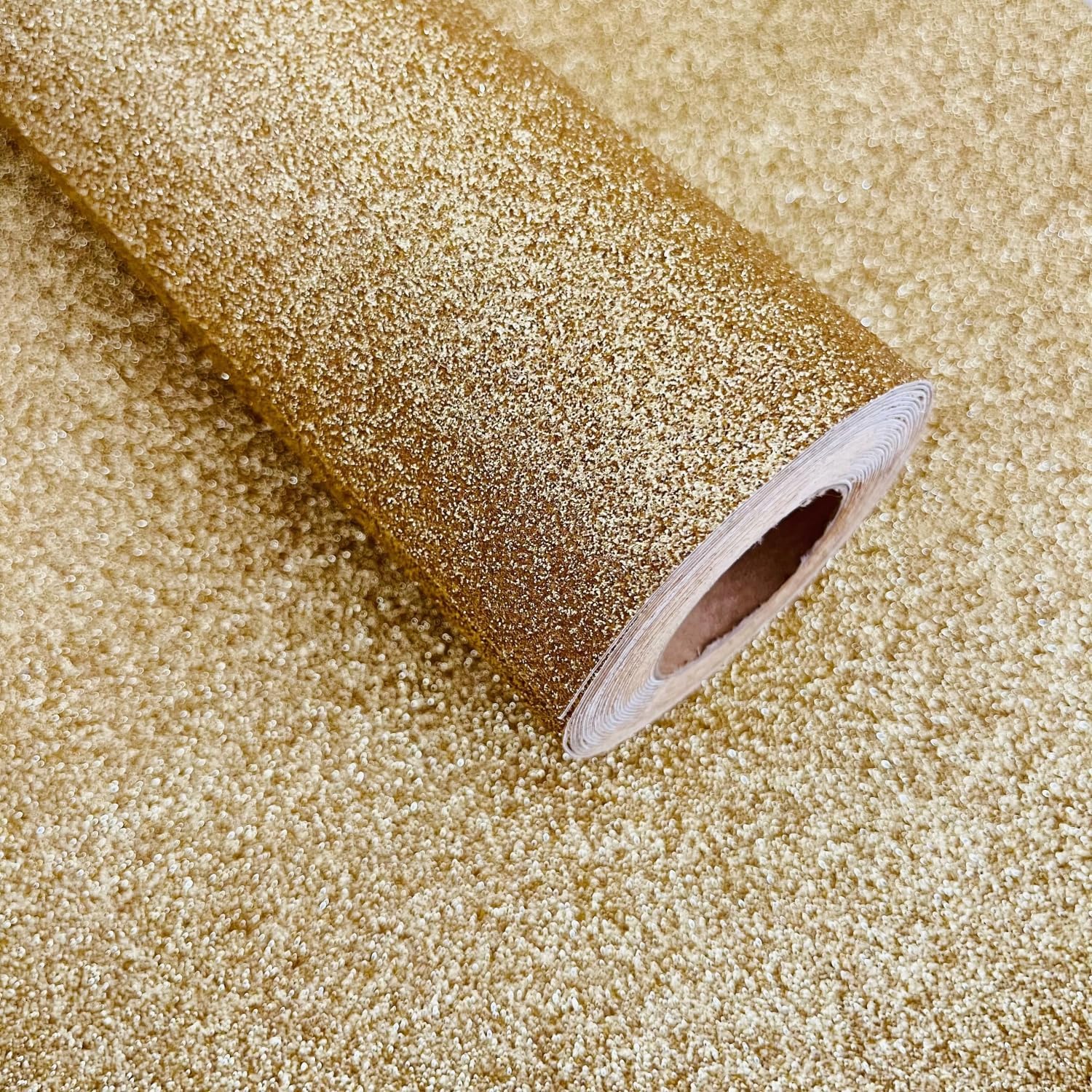 Papel tapiz autoadhesivo con purpurina dorada, para despegar y pegar, para pared (17.4 x 197 pulgadas)