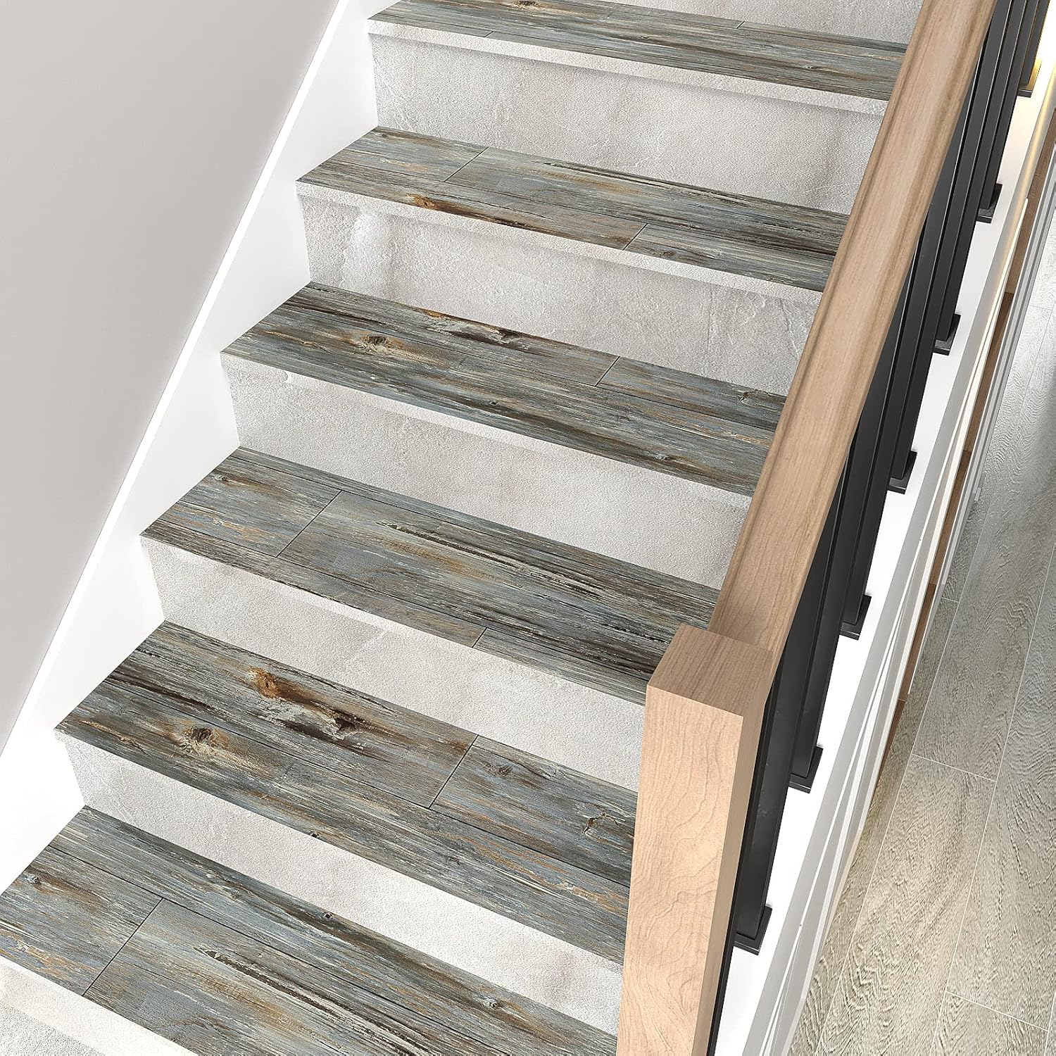 VEELIKE Paquete de 12 pisos de vinilo de madera reciclada azul de 6 x 36 pulgadas, despegar y pegar, impermeable, aspecto de madera, tablones de