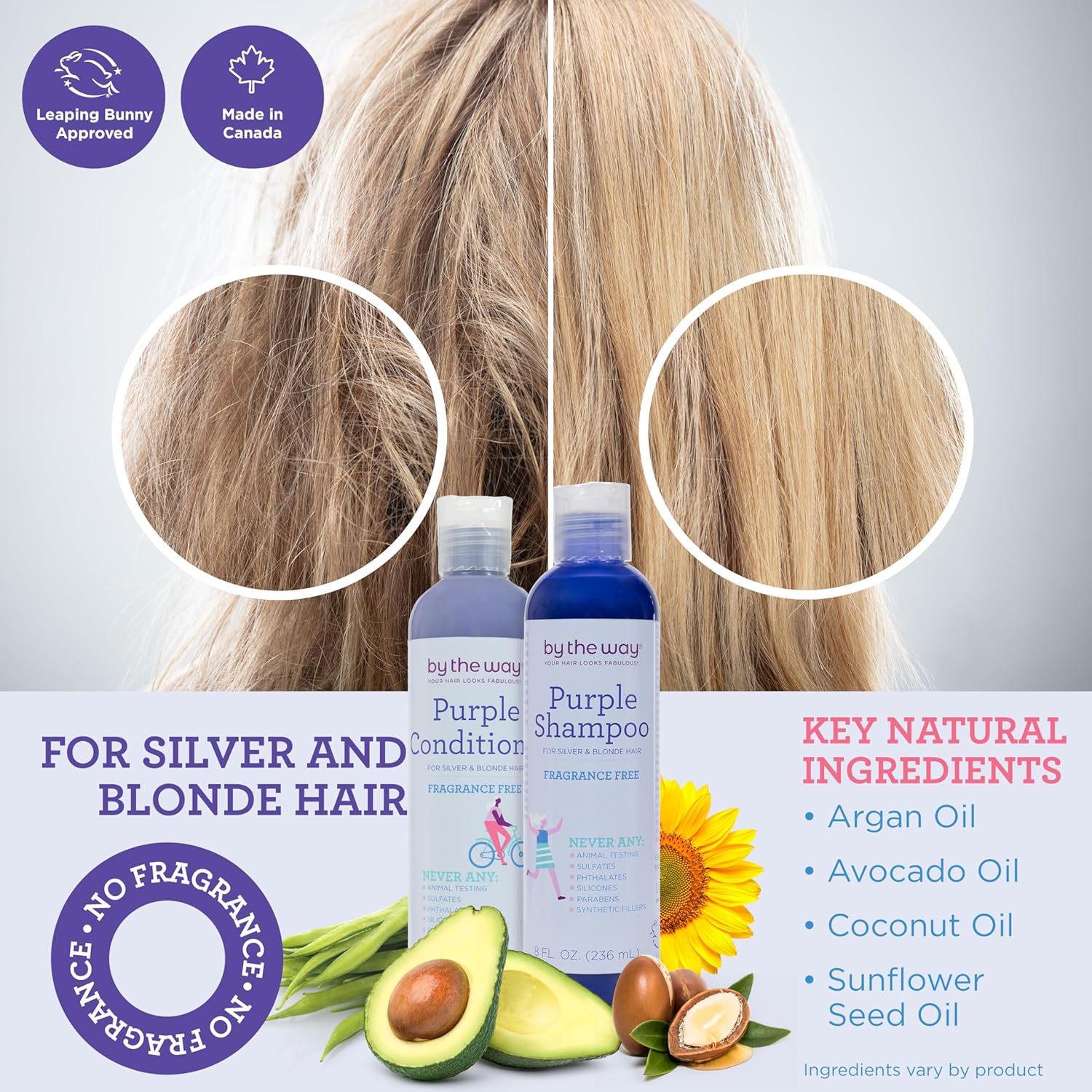 Acondicionador morado de The BTW Co. para cabello plateado, gris y rubio ilumina y elimina los tonos amarillos o cobrizos sin sulfatos, sin