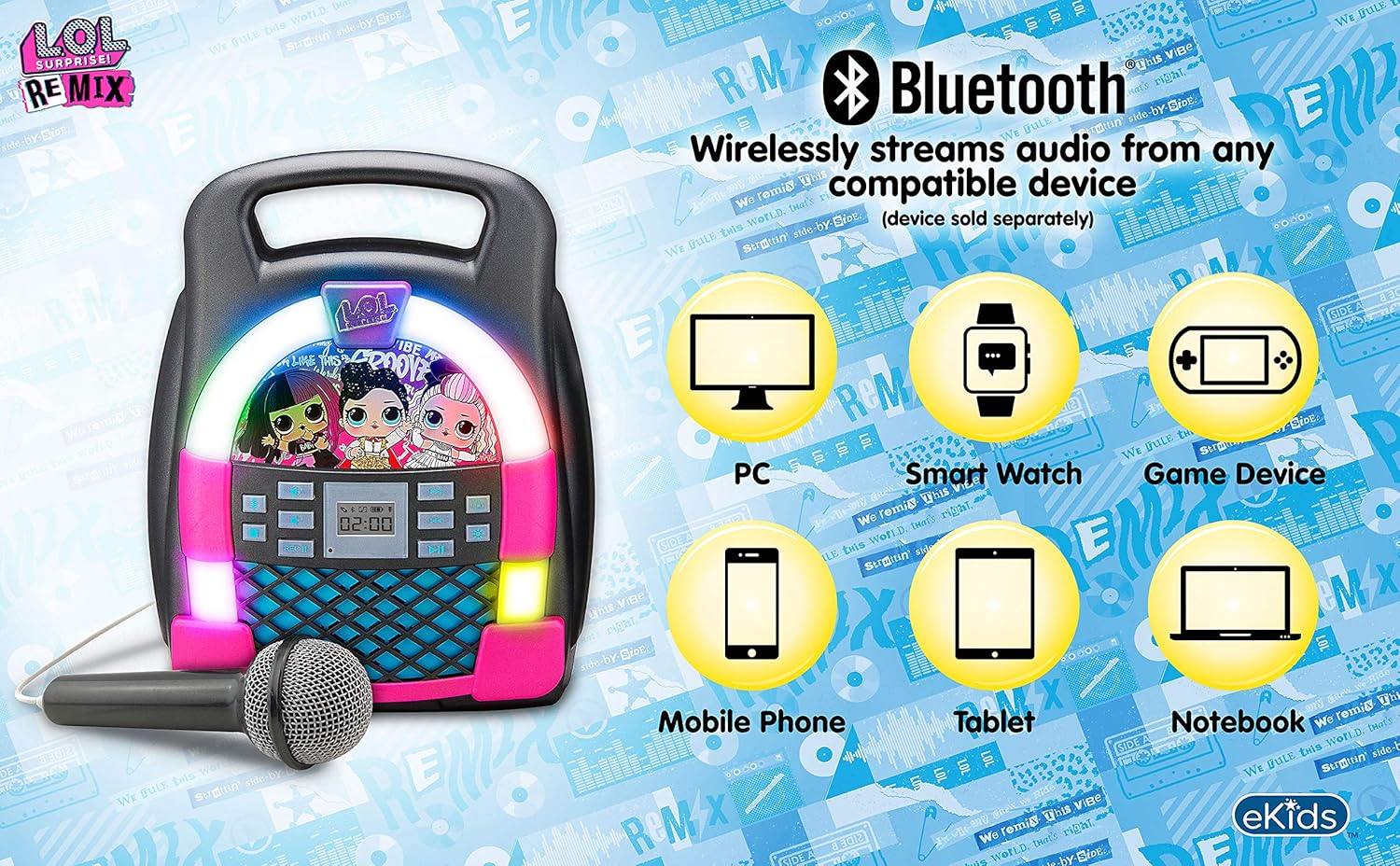Remix OMG Máquina de karaoke Bluetooth Reproductor de MP3 portátil con espectáculo de luces LED de discoteca, almacena horas de música con memoria