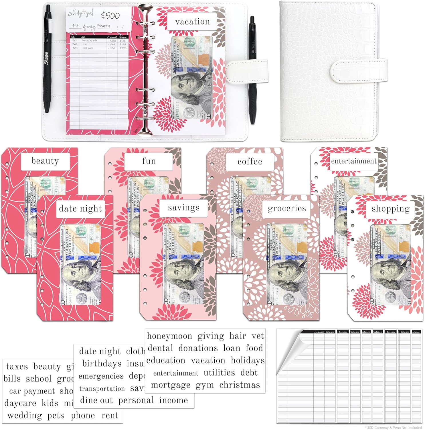 ZipGifts Kit de carpeta presupuestaria 8 sobres de cartulina premium con ventana transparente y sello de velcro, libro mayor trasero, 51