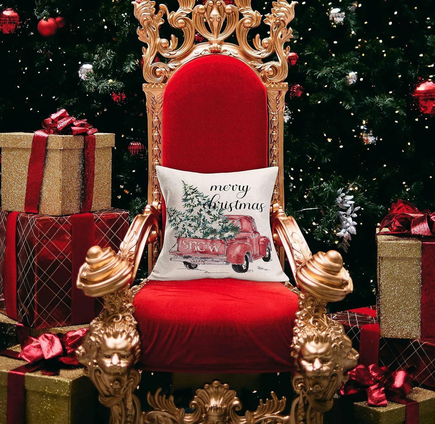 MEHOTOP Funda de almohada decorativa de Navidad de 16 x 16 pulgadas, tamaño estándar, camión de nieve rojo, árbol de Navidad, fundas de almohada con