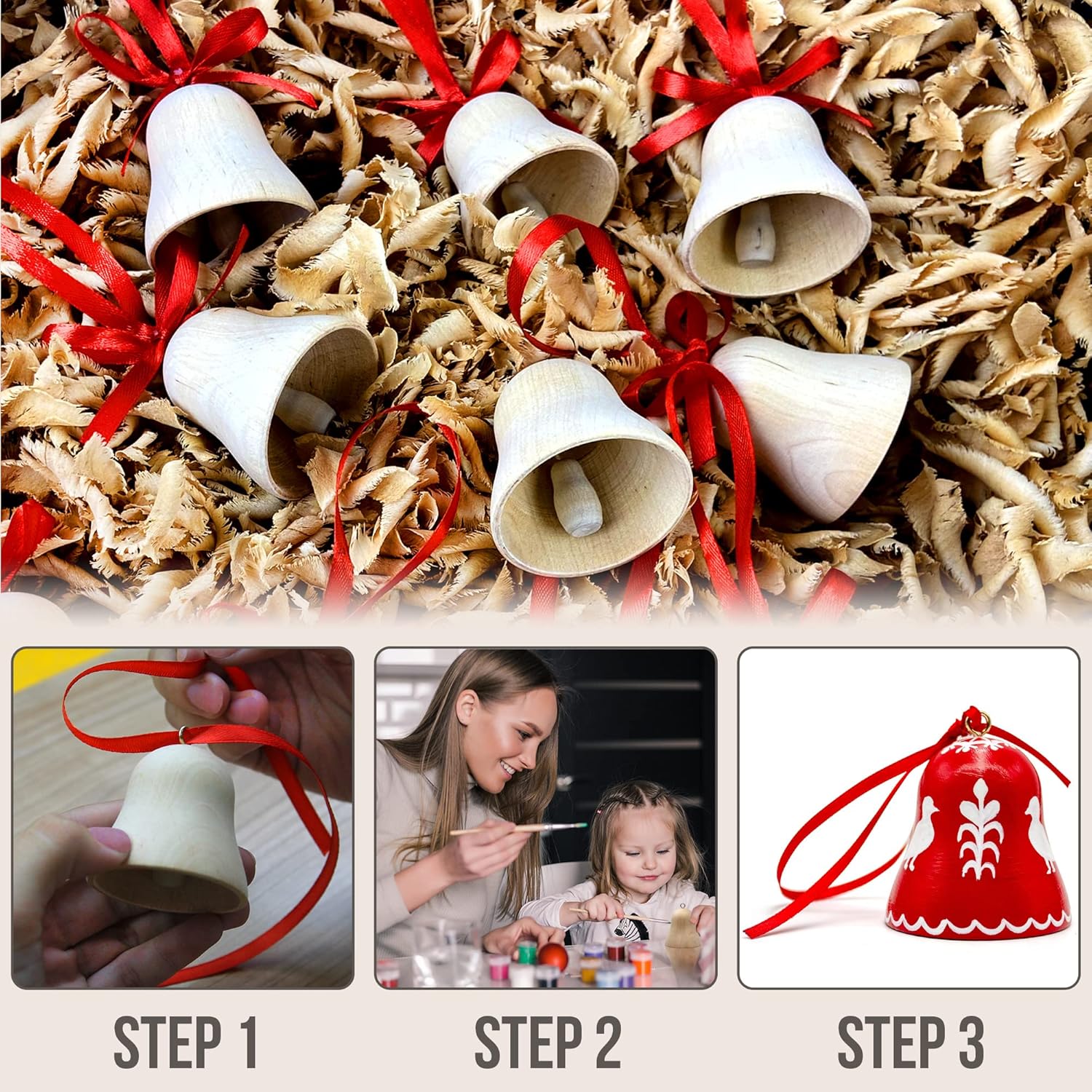Adornos de Navidad de madera para pintar, juego de 6 unidades, campanas de Navidad en blanco para manualidades, decoración de árbol de Navidad,