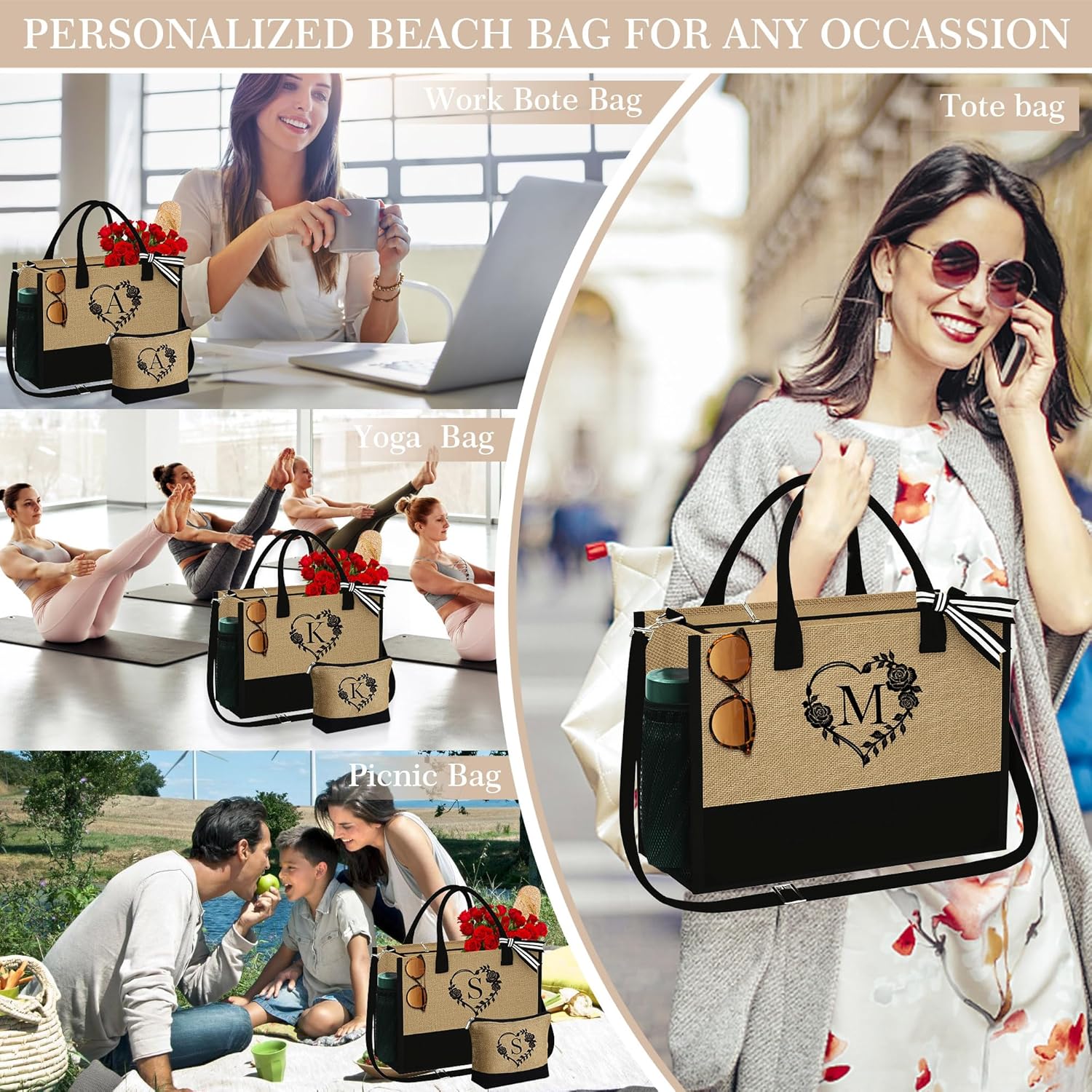 Bolsa de yute para la playa con cremallera, artículos esenciales de viaje para mujeres, amigas, mujeres, cumpleaños, damas de honor, regalos