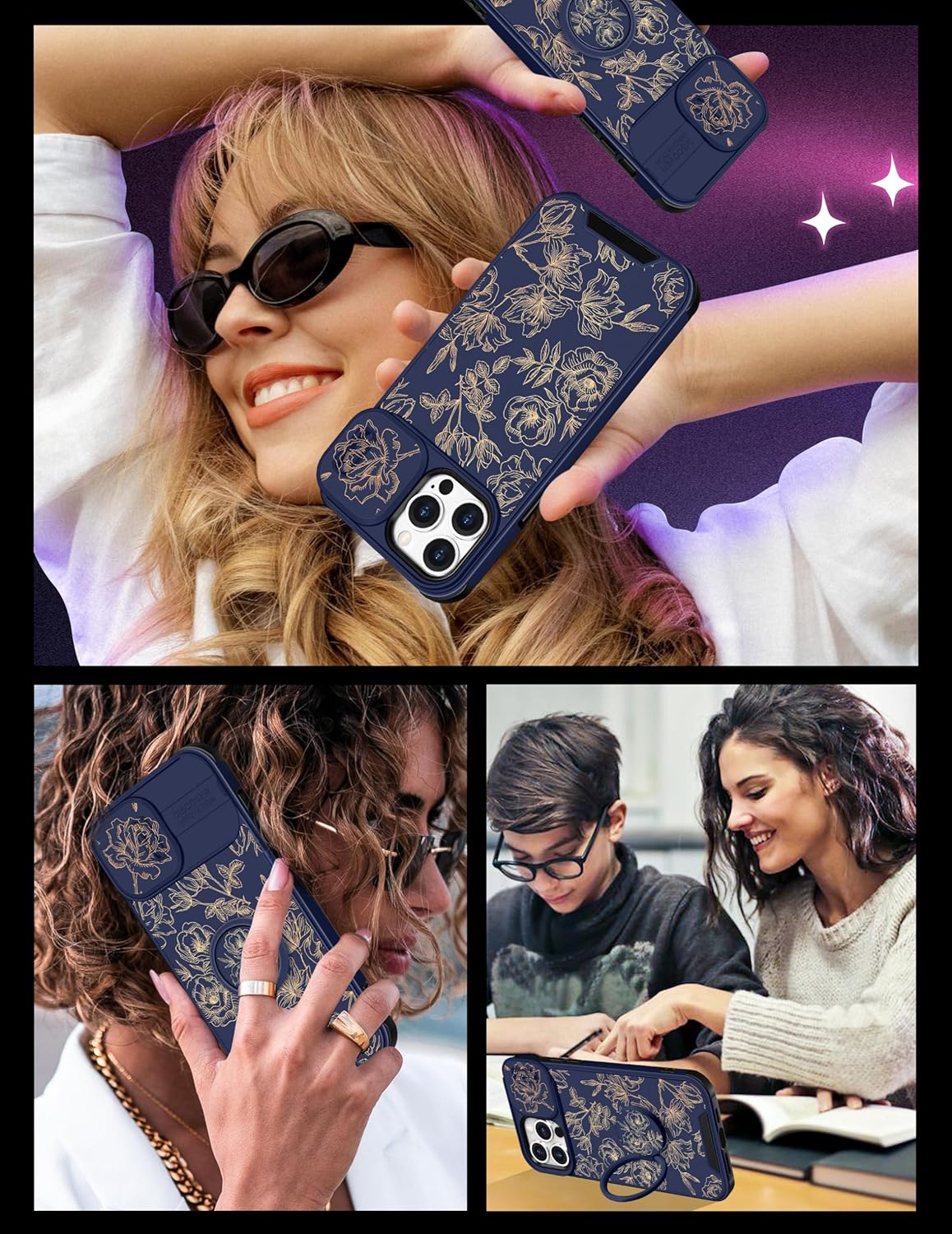 Goocrux Funda 2 en 1 para iPhone 15 Pro Max con flores florales para mujeres y niñas, bonita funda femenina con diseño de flores doradas con