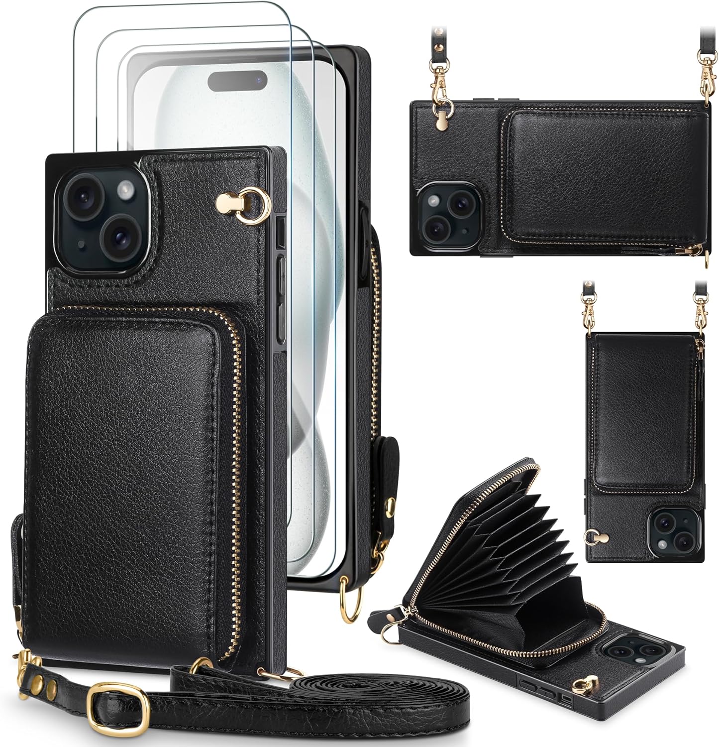 JAKPAK Funda compatible con iPhone 15, funda de piel con cremallera y tarjetero + protector de pantalla 3 unidades, funda protectora con cordón para