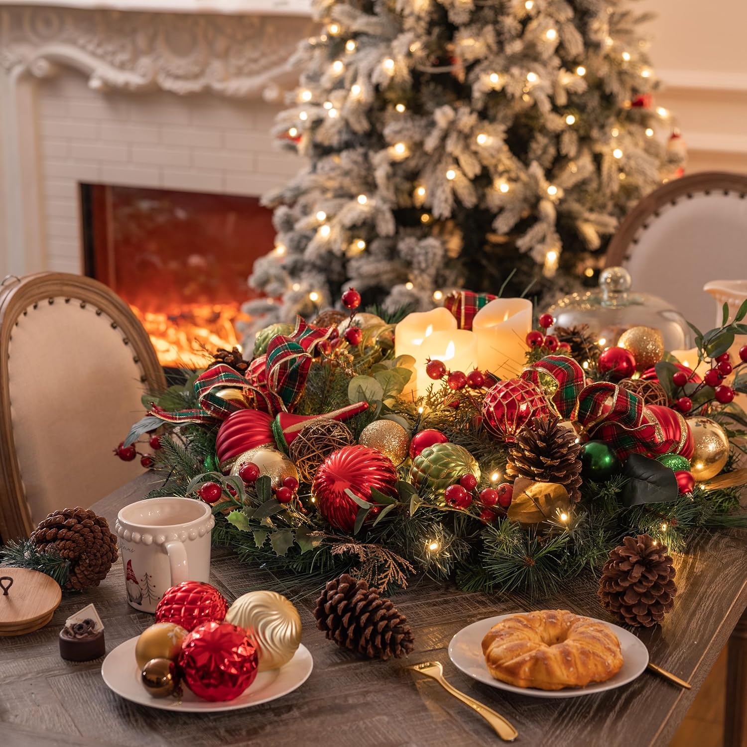 Valery Madelyn Corona de Navidad preiluminada para puerta delantera con luces, corona de Navidad grande de 30 pulgadas con cinta de bola de Navidad