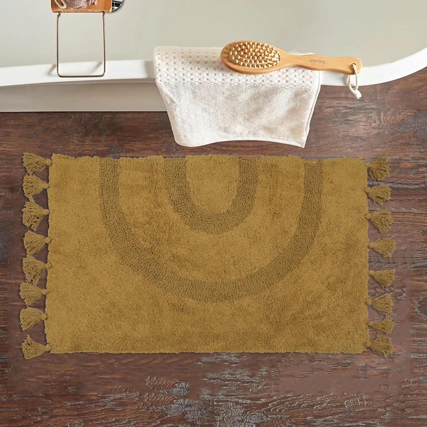 Alfombras de baño bohemias con borlas, 100 % algodón, tejida a mano, antideslizante, absorbente, con almohadilla para alfombra, alfombra de baño
