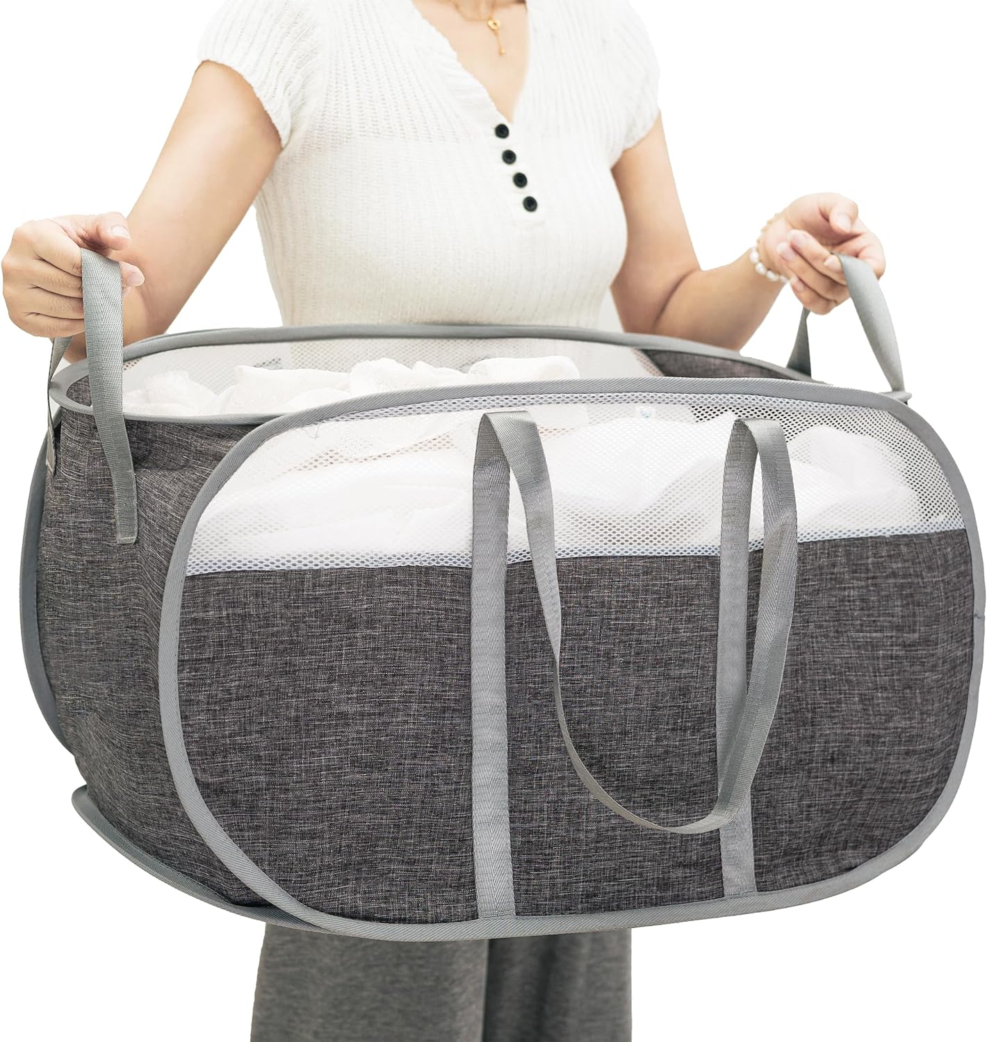 Cesta de lavandería desplegable, de malla, con correas extendidas para los hombros, asas resistentes y tela catiónica de primera calidad (gris)