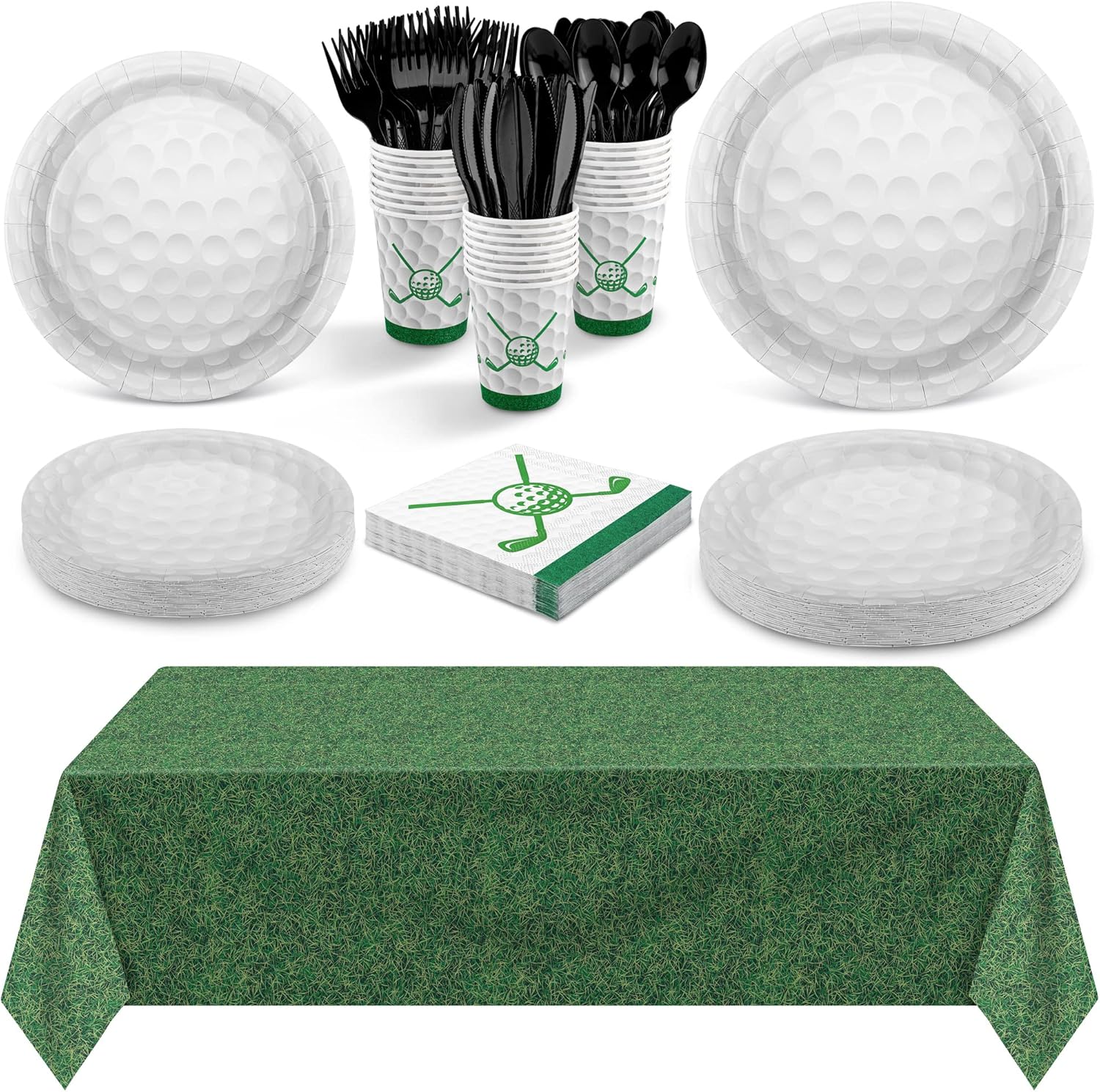 durony 169 piezas de suministros de fiesta de golf incluyen 48 platos de postre de golf, 24 tazas de papel de golf, césped verde, mantel de