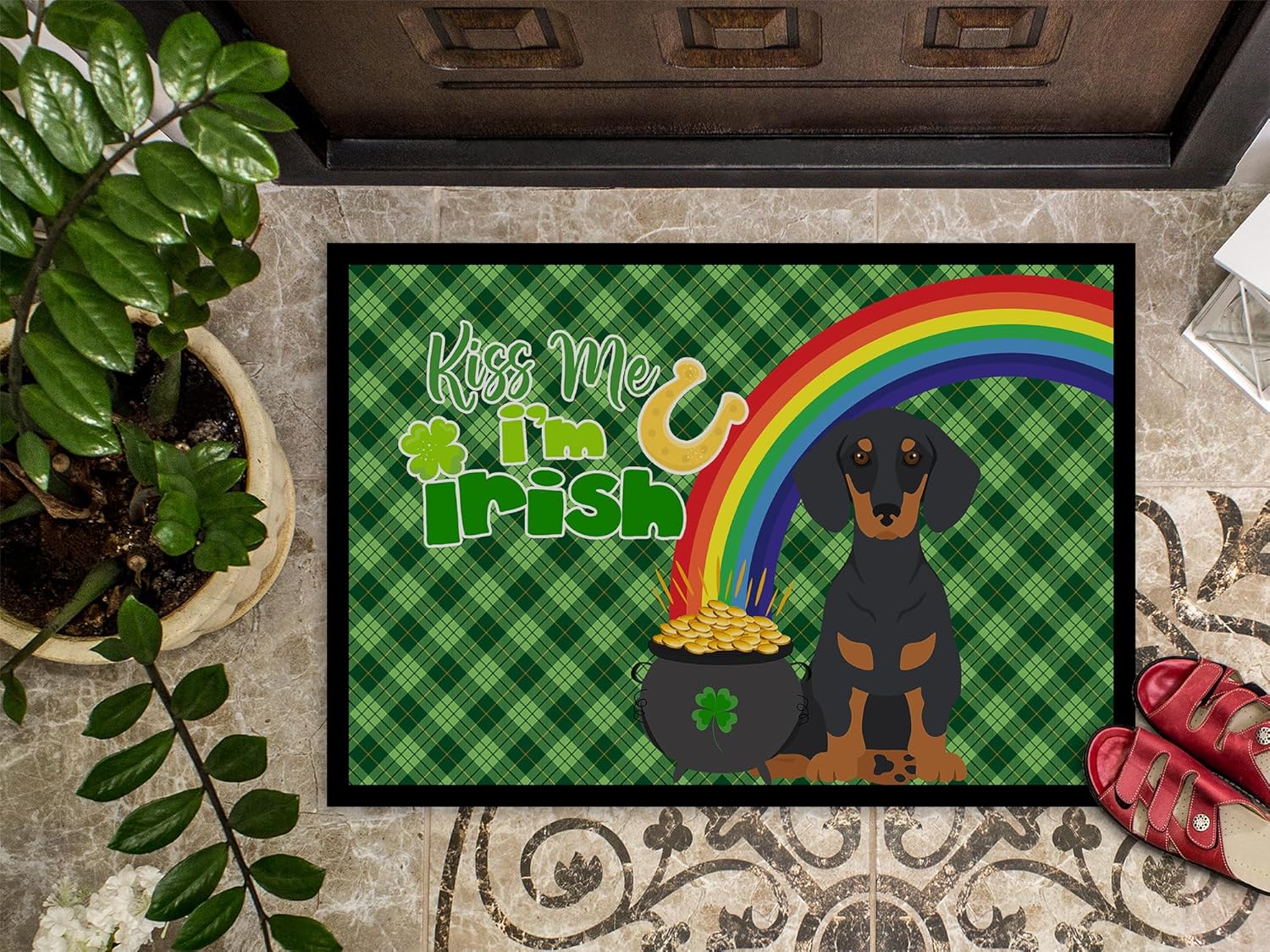 Caroline’s Treasures WDK4810JMAT – Tapete para puerta delantera de 24 x 36 pulgadas, diseño de perro salchicha, color negro y tostado, para entrada,
