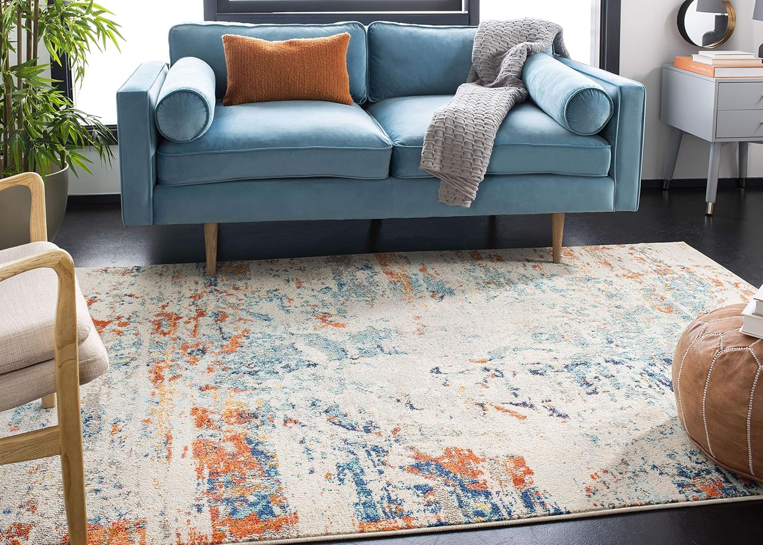 SAFAVIEH Madison Collection 3′ Square Cream  Orange MAD478B Modern Abstract Non-Shedding Living Room Bedroom Accent Rug
