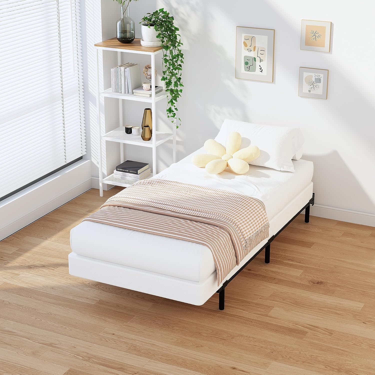 EMODA Base de cama con somier individual XL de 5 pulgadas, base de colchón de metal resistente de 1500 libras con funda de tela, fácil montaje