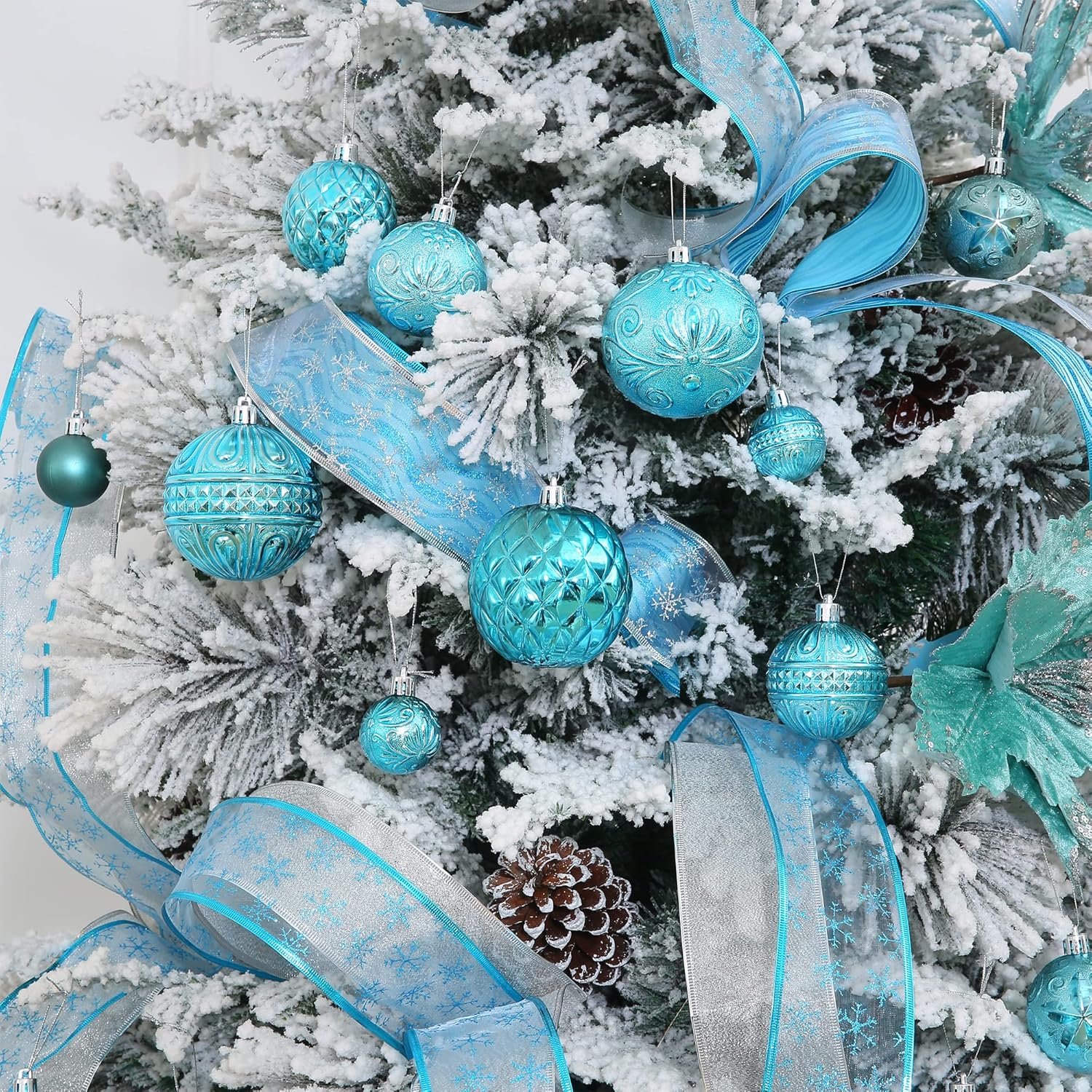 Adornos de bola de Navidad color azul bebé, decoración para árbol de Navidad con cuerda para colgar, 36 piezas inastillables con 6 estilos en 3