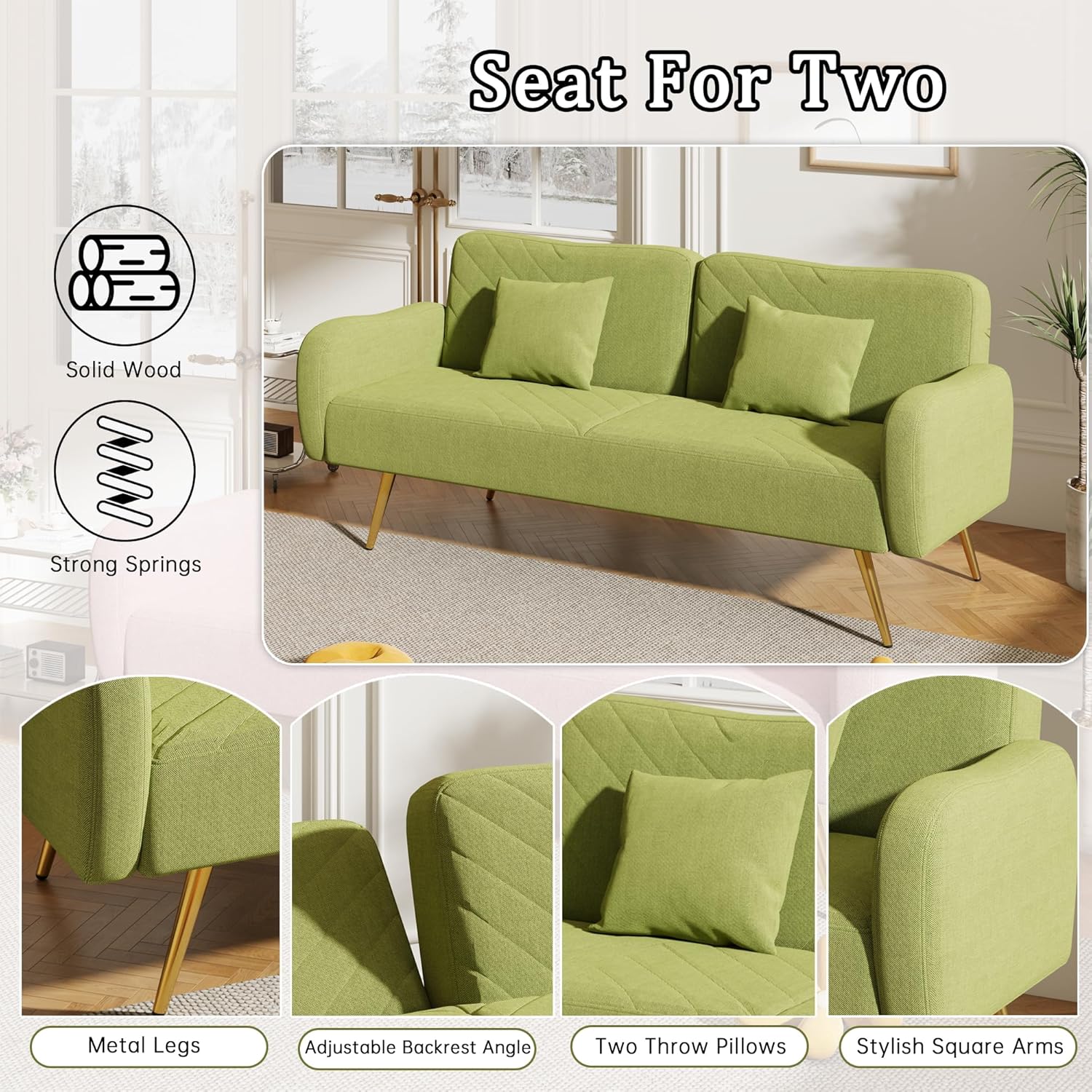 Sofá biplaza verde de 70 pulgadas, sofá cama moderno de mediados de siglo con respaldo dividido y dos almohadas, sofá cama convertible para sala de