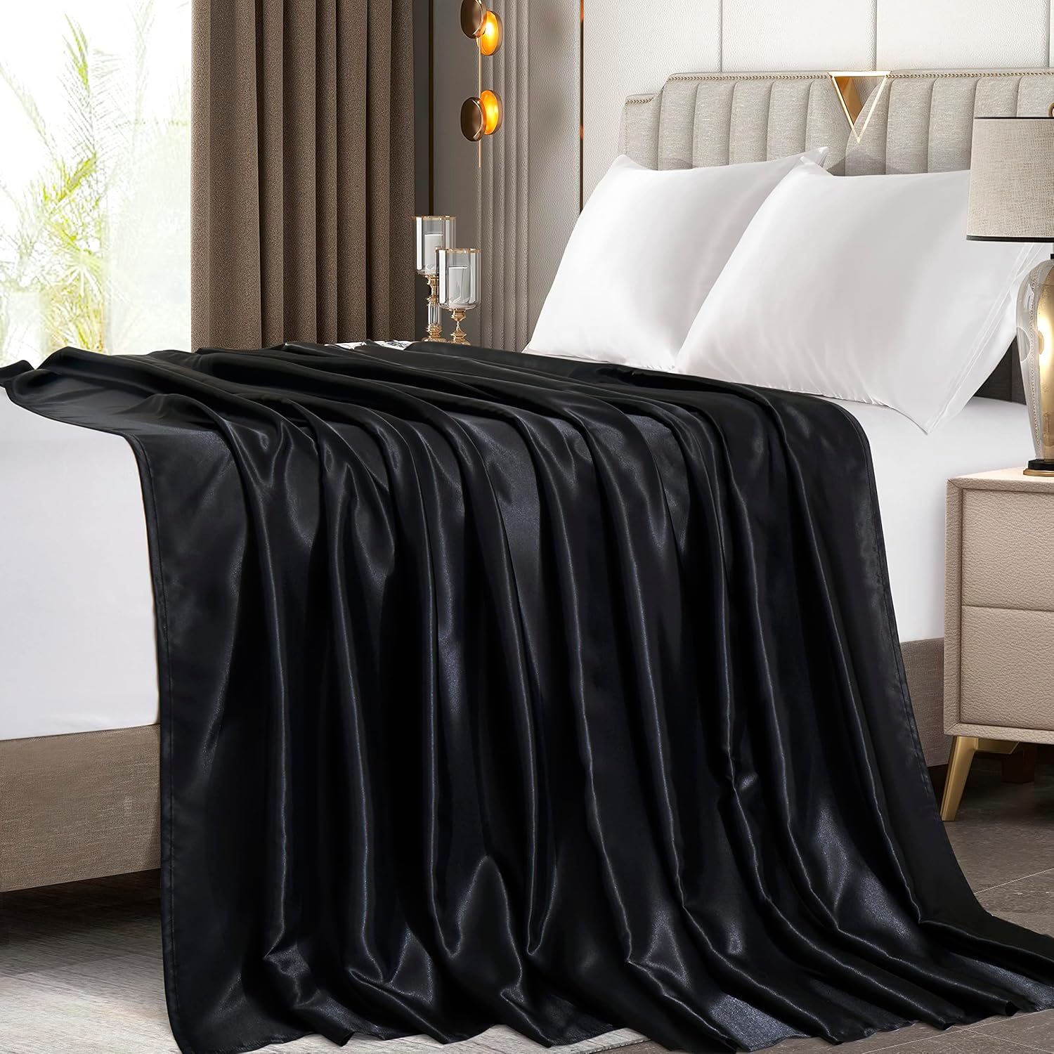 Sábana encimera de satén tamaño King, lujosa y sedosa sábana de cama suave, color negro