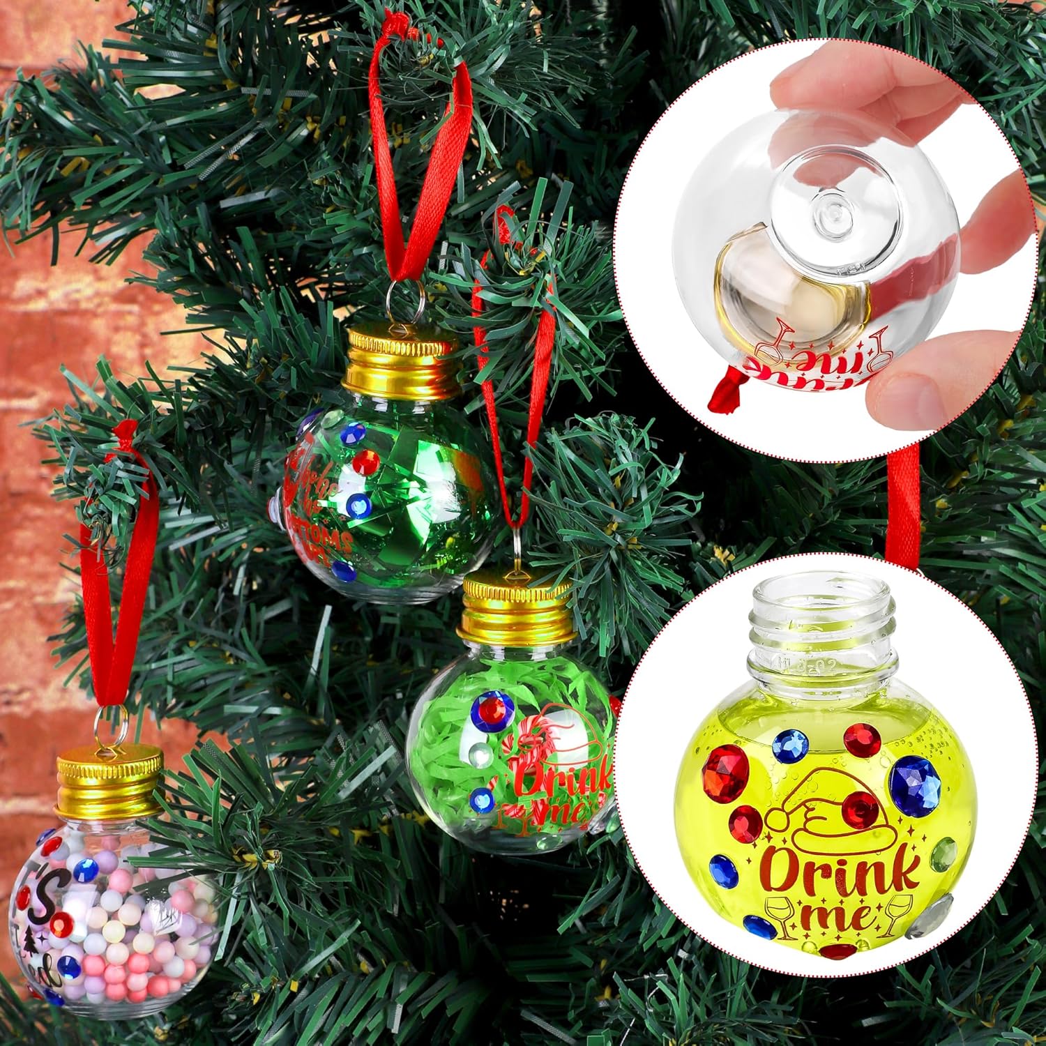 Aodaer Paquete de 48 bolas de Navidad rellenables con calcomanías, adornos redondos transparentes para árbol de Navidad, botellas de agua, botellas