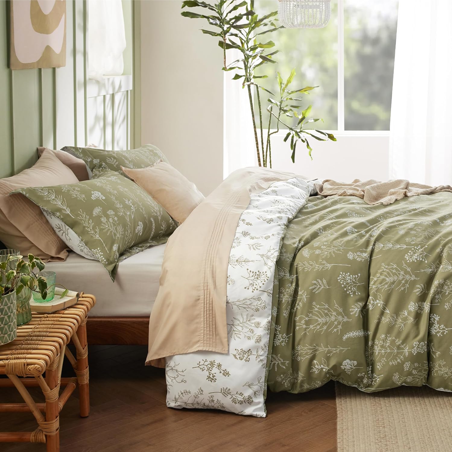 Bedsure Funda de edredón tamaño King  Juego de funda de edredón floral botánica con cierre de cremallera, juego de ropa de cama verde oliva, 3