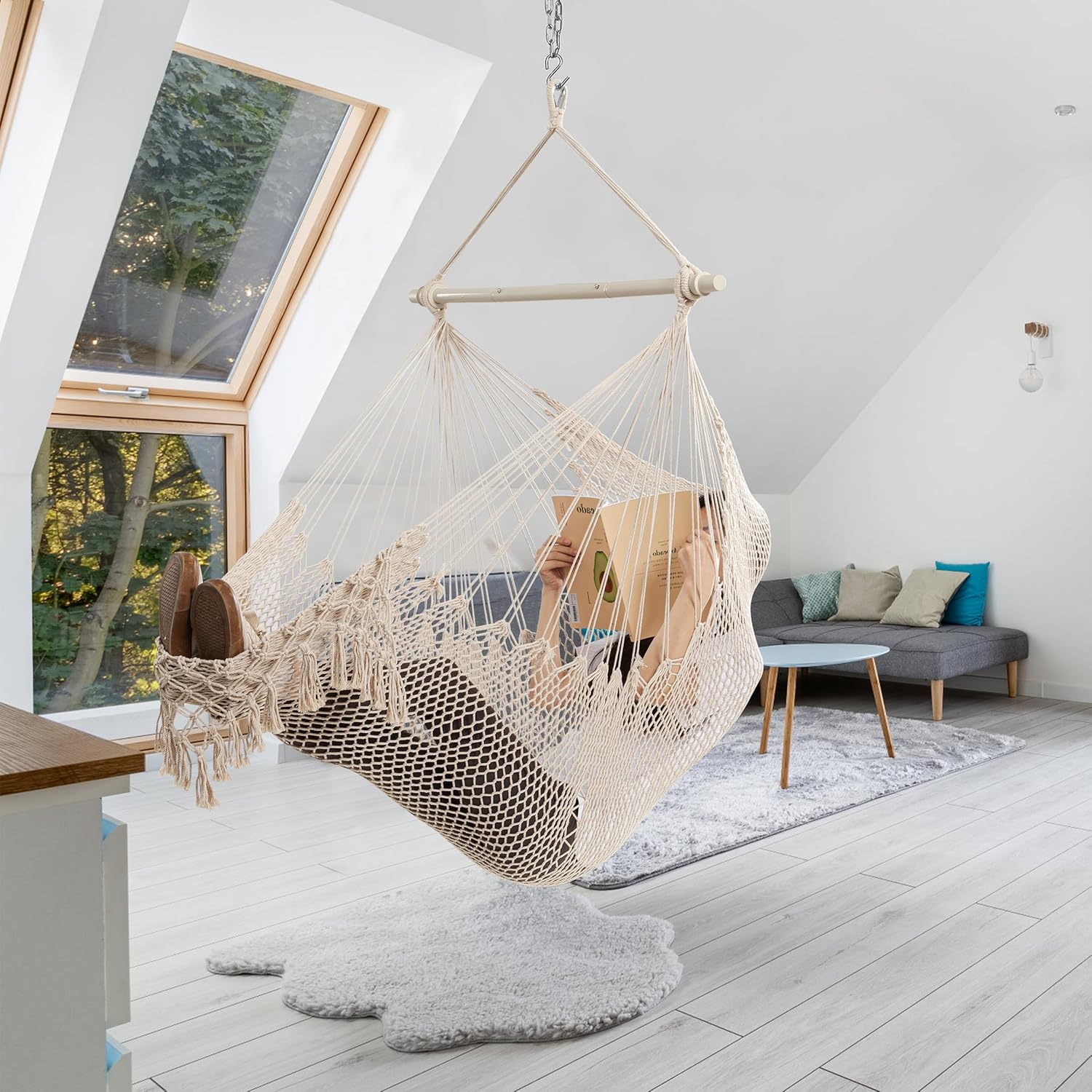 Jelofly Silla hamaca grande colgante de cuerda de algodón hilado suave, silla de tejido máximo de 330 libras, duradera y cómoda, silla columpio para