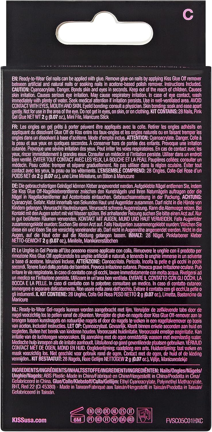 KISS Voguish Fantasy – Uñas de Halloween, color blanco y negro, longitud corta, forma cuadrada, pegamento de uñas de gel rosa (0.07 oz), lima de