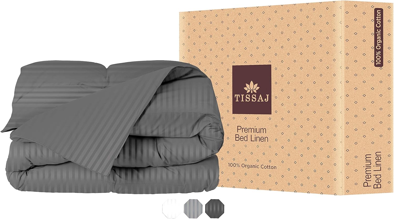 Colección de lujo  Funda de edredón tamaño Queen  100% algodón orgánico certificado GOTS  Tejido satinado  Rayas de damasco color gris humo