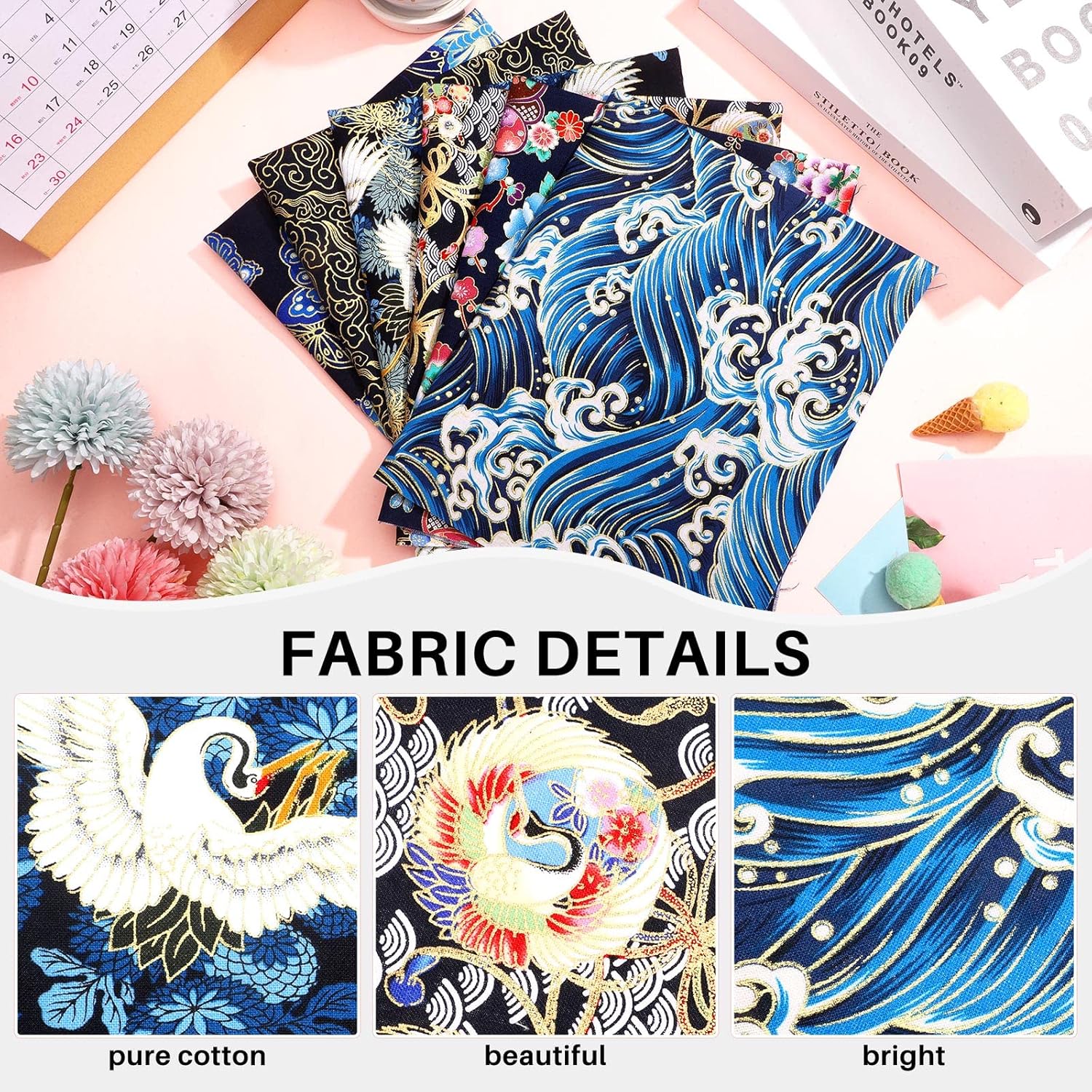 6 Pcs 20” x 16” Japanese Fat Quarters Quilting Fabric Bundles Japanese Printed Furoshiki Wrapping Cloth Squares Quilting Patchwork Fabric Colored