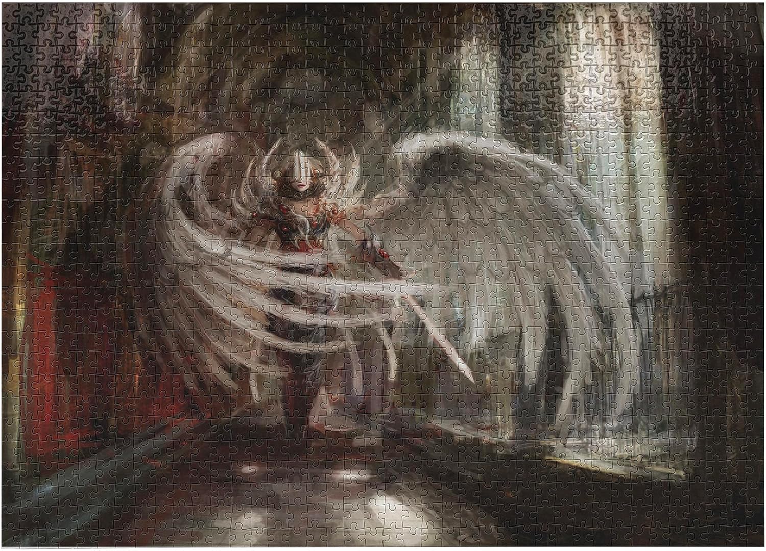 Lunarable Rompecabezas de fantasía, Cyborg Angel Girl Warrior con impresión de ilustración de arquitectura gótica, actividad divertida de calidad de