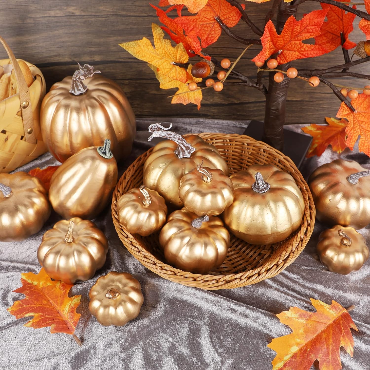 winemana 12 calabazas artificiales de varios tamaños, calabazas doradas, decoración de otoño, calabazas falsas, decoraciones de otoño para el hogar,